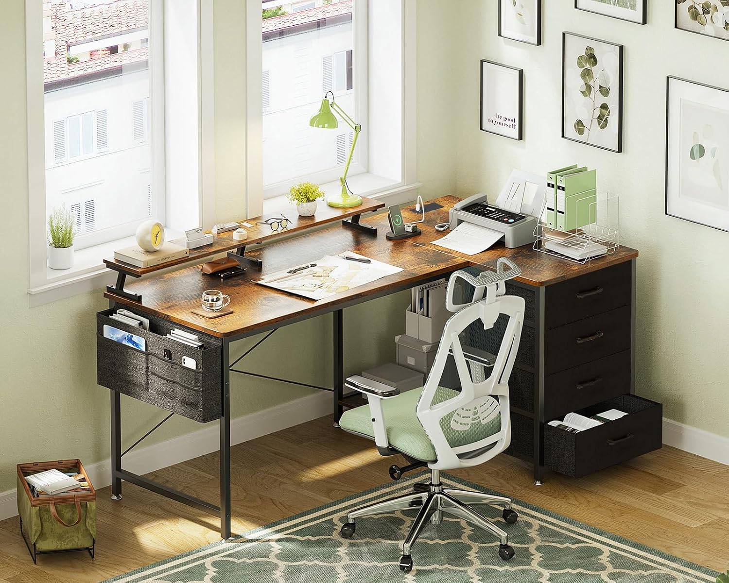 Thumbnail 6 de ODK Corner Desk with Drawers (L-Shaped) 140x80cm, USB Charging Ports & Power Outlets, Rustic Brown