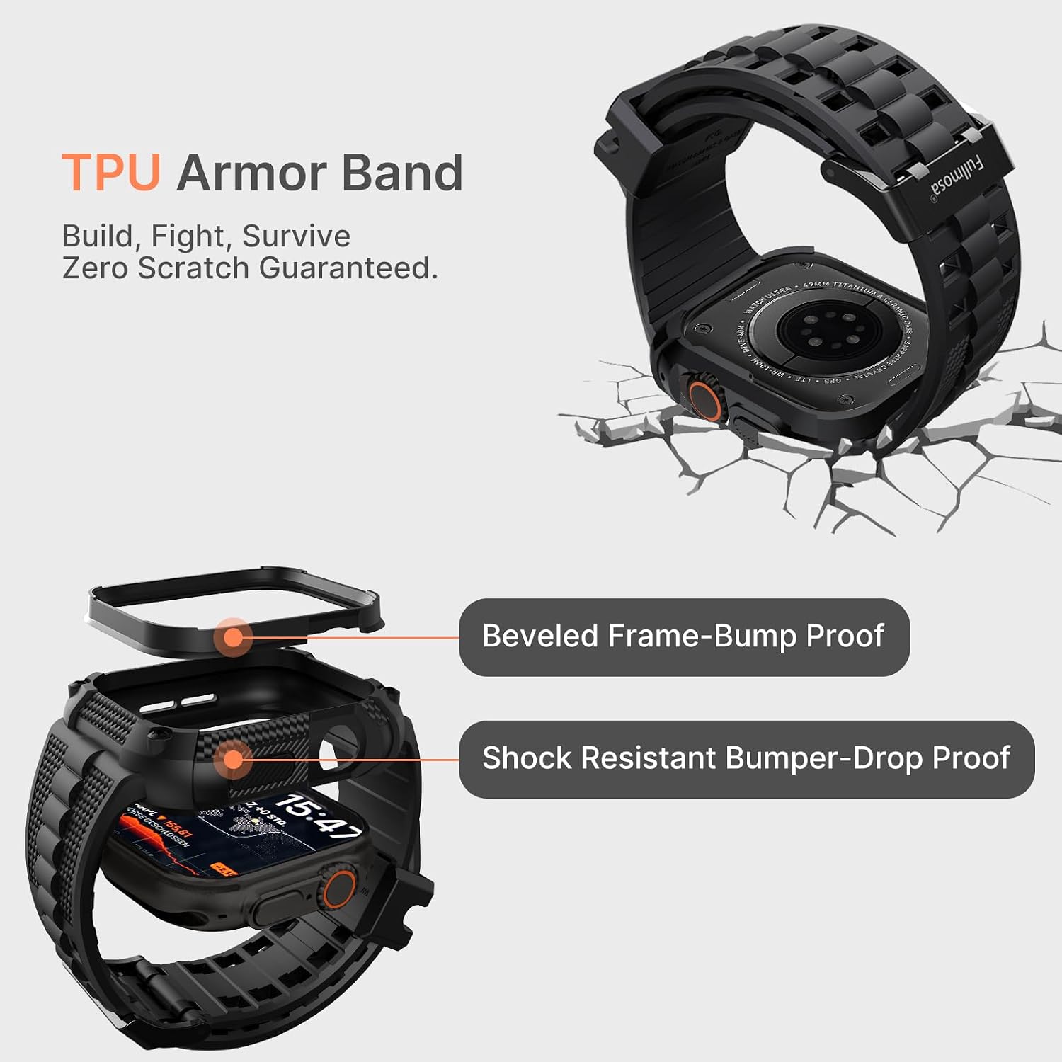 Thumbnail 1 de Fullmosa Rugged Cover con cinturino per Apple Watch Ultra 3/Ultra 2/Ultra 49 mm in TPU nero con bumper militare