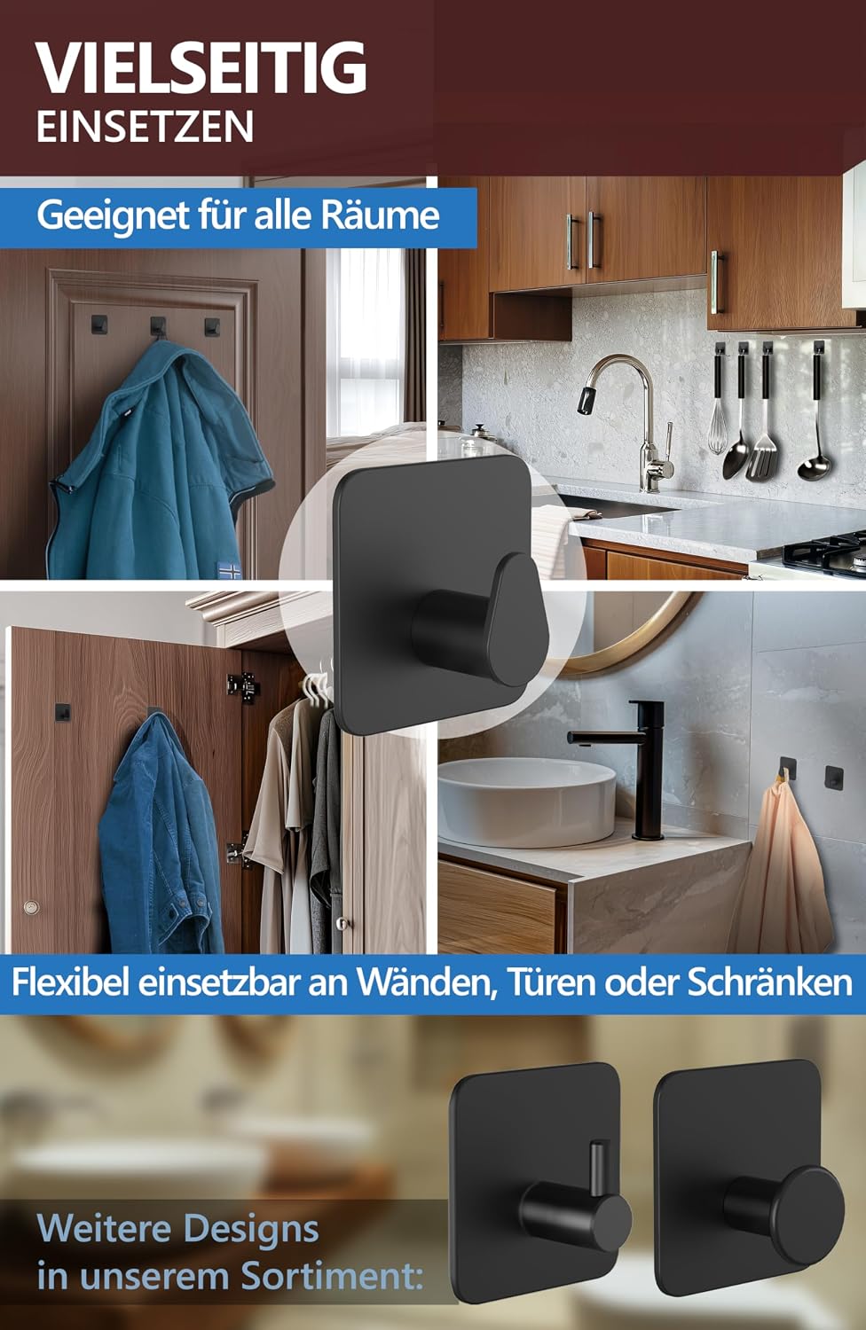 Detalle de 4smile Handtuchhalter ohne Bohren, schwarz – 6er-Set Edelstahl-Klebehaken