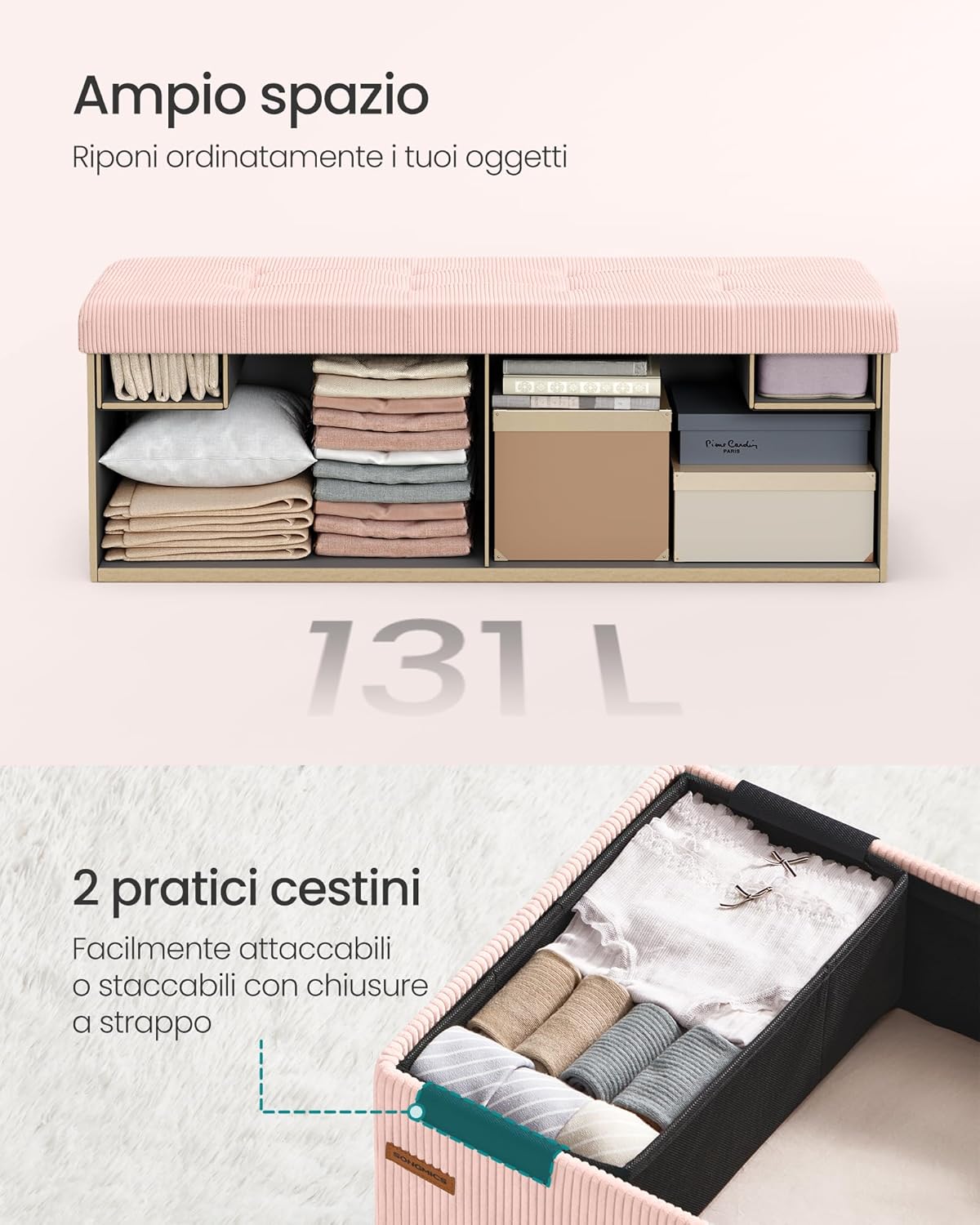 Thumbnail 5 de SONGMICS LSF604R01 panca contenitore pouf pieghevole rosa pastello 38 x 110 x 38 cm
