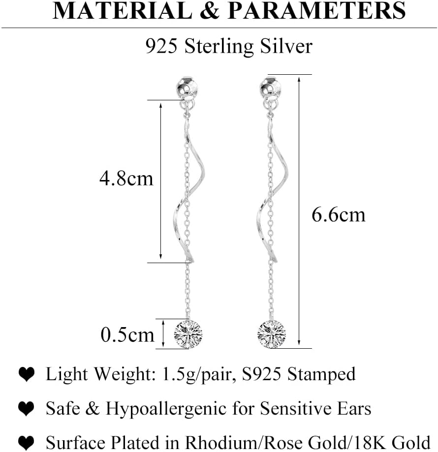 Detalle de SLUYNZ 925 Sterling Silver CZ Droplet Dangle Earrings – Long Chain with Wave Front