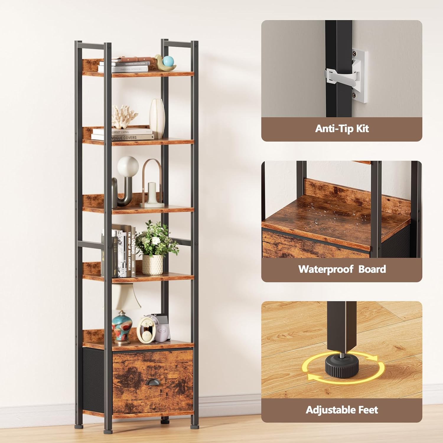 Detalle 1 de Furologee BS006-6T 6-Tier Bookshelf with Drawer, Rustic Brown