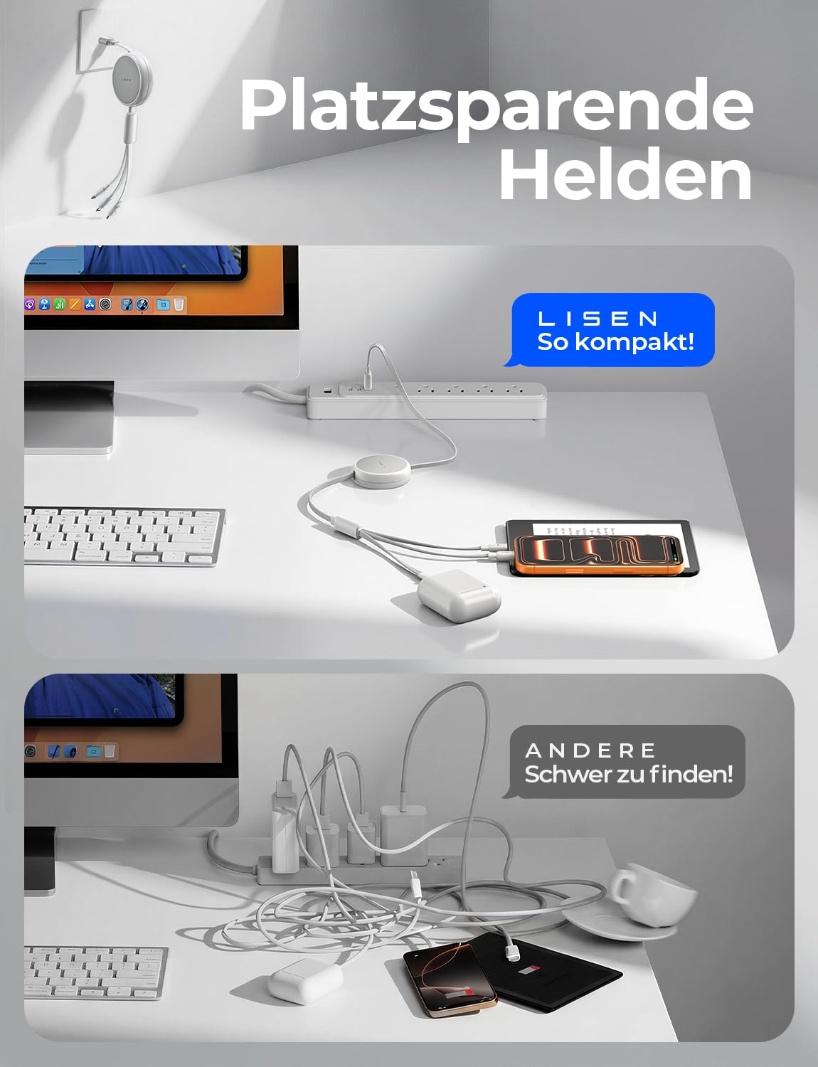 Detalle de LISEN Multi Ladekabel 1,2 m – 3-in-1 Schnellladekabel für iPhone & Co. (Lightning, USB-C, Micro-USB)