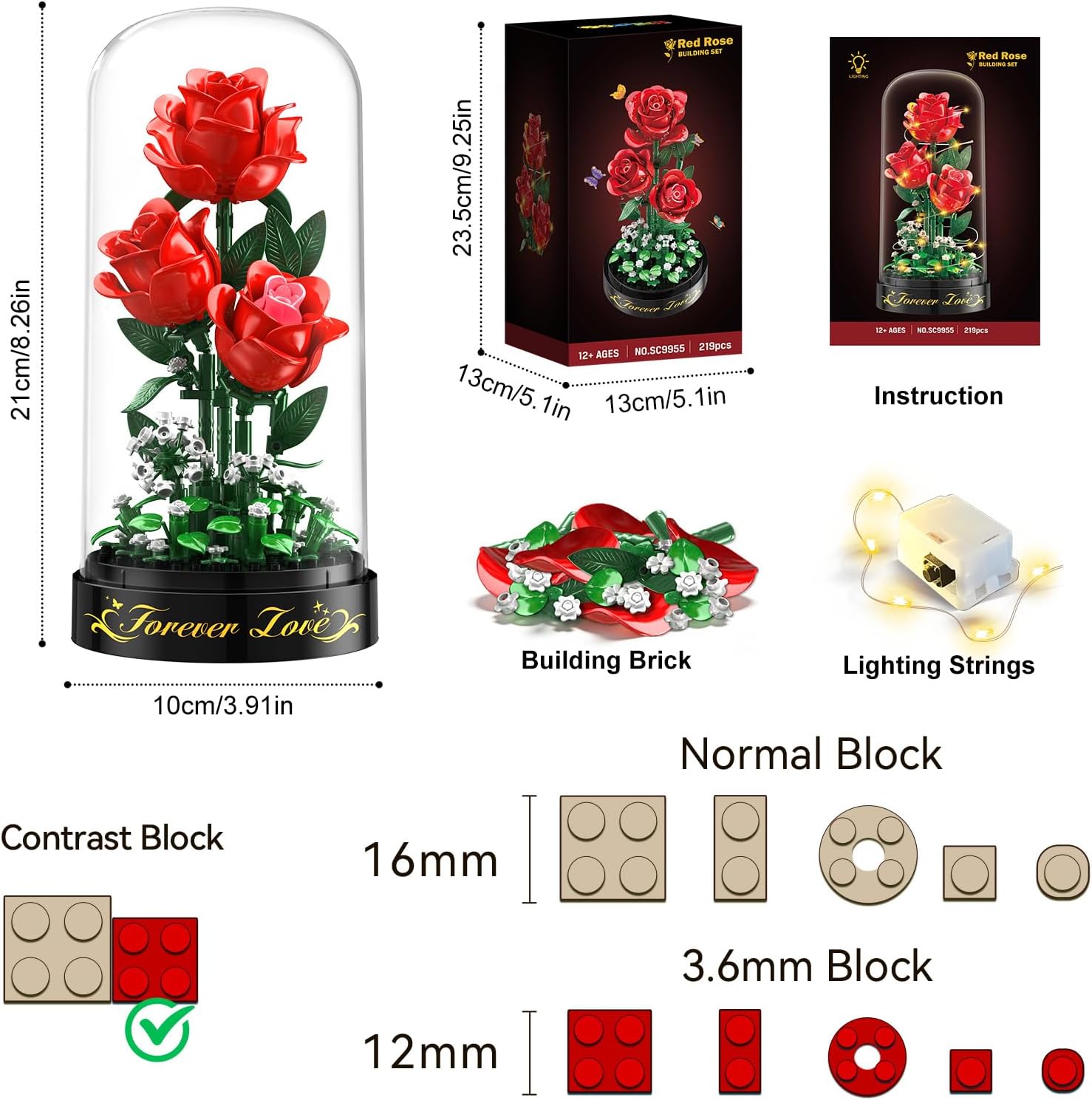 Detalle de HiWEEGO Flower Bouquet Building Set with LED Light – 3.6mm Red Rose Mini Build (219pcs) with Dust Cover