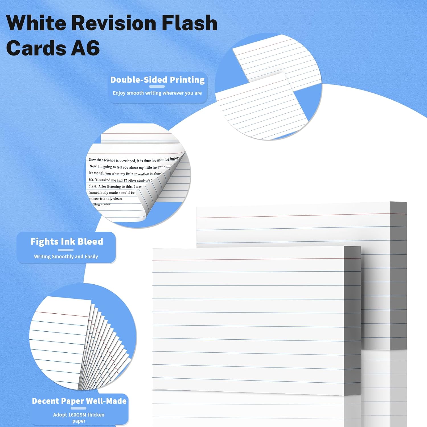 Detalle de 400 PCS A6 Index Cards (10.2 x 14cm) Ruled Flash & Revision Cards – White, 160gsm paper