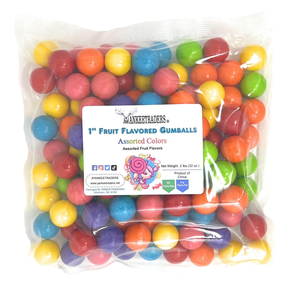 Detalle de YANKEETRADERS Assorted Fruit-Flavored Gumballs, 1-Inch, 2 Pounds