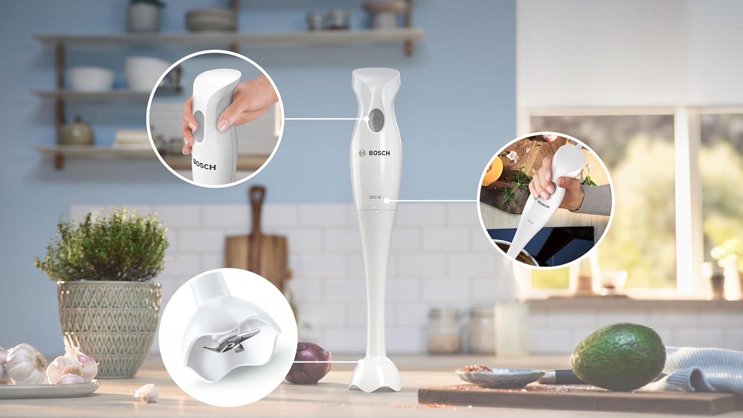 Detalle de Bosch Frullatore a Immersione MSM6B150, 300 W, impugnatura ergonomica, lama in acciaio inox e piede removibile lavabile