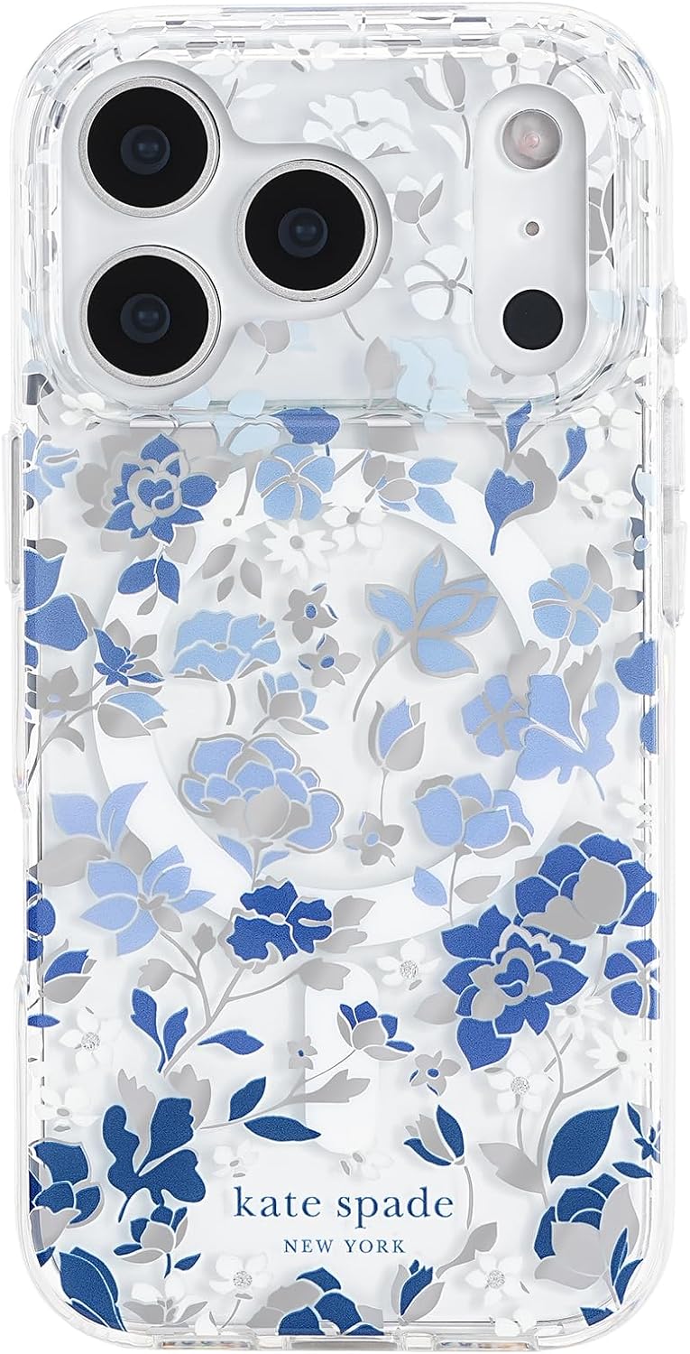 Detalle de Kate Spade New York etui do iPhone’a 17 Pro, MagSafe, niebieski wzór kwiatowy