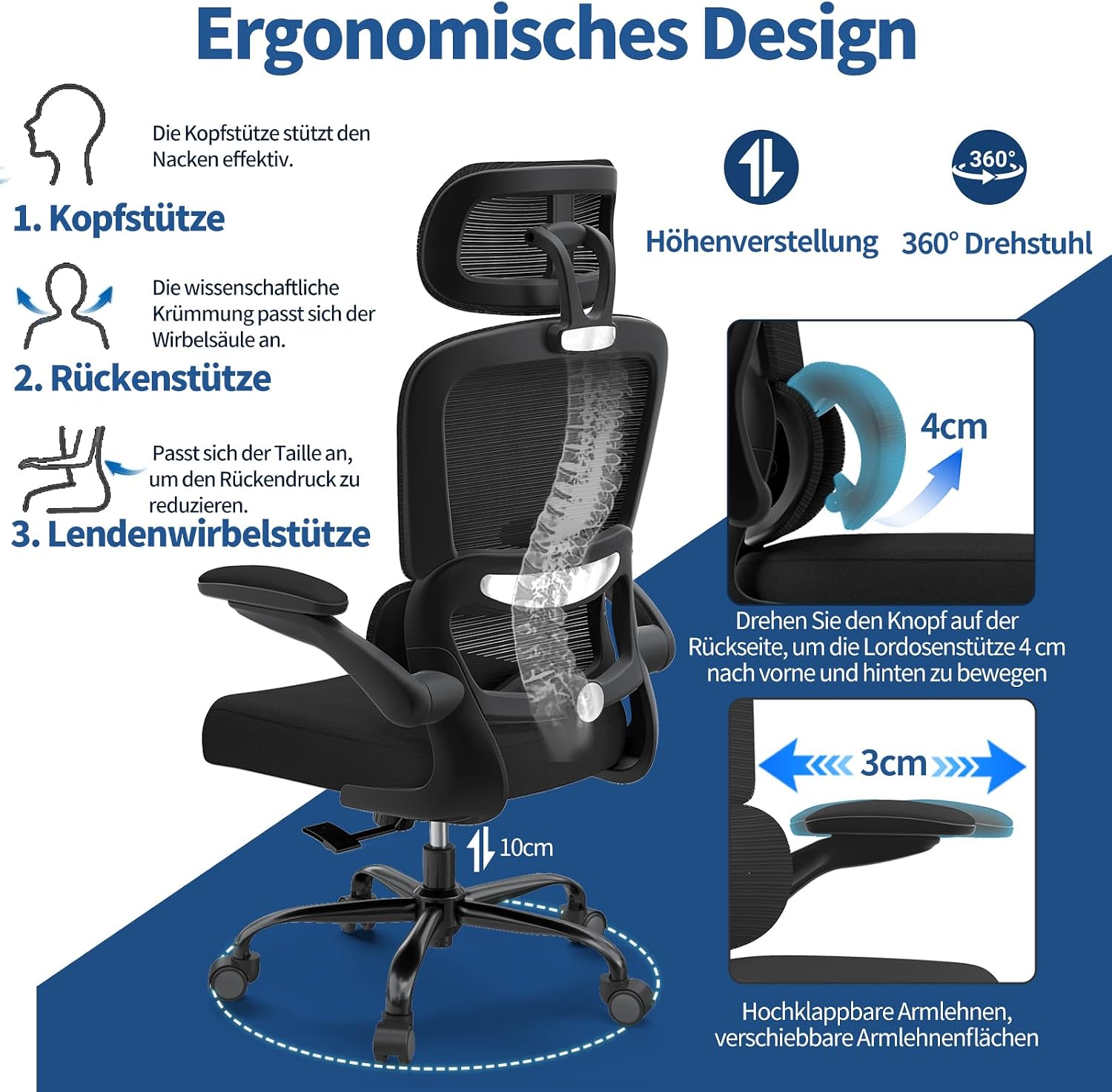 Thumbnail 1 de TRALT Bürostuhl Ergonomie Lordosenstütze 150 kg