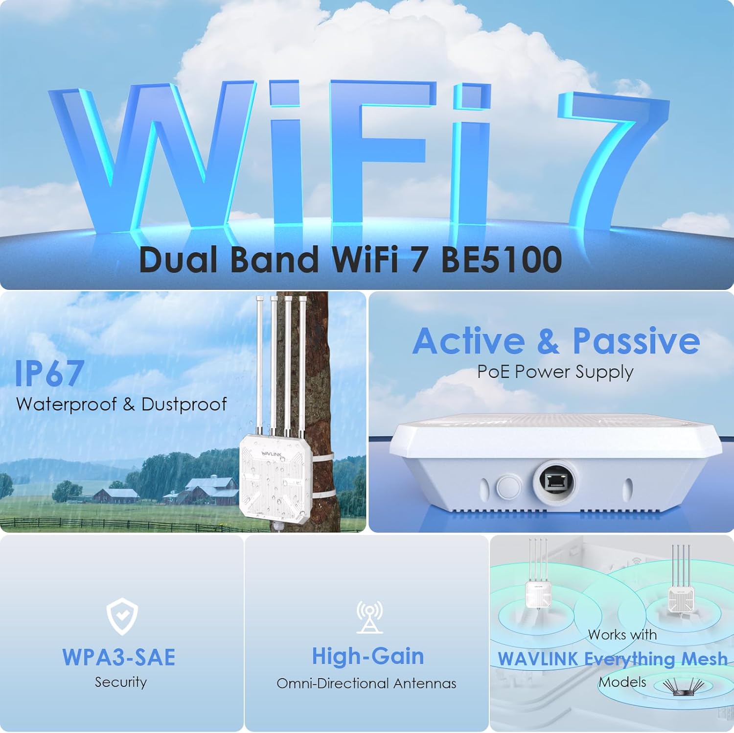 Thumbnail 2 de WAVLINK BE5100 Outdoor WiFi 7 Extender: Long-Range Dual-Band, POE Powered, IP67