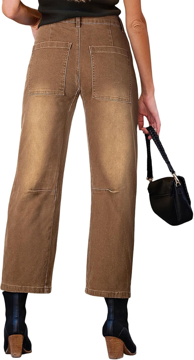 Detalle 2 de EVALESS Barrel Jeans for Women, High-Waisted Stretch Denim, Relaxed Cropped Fit