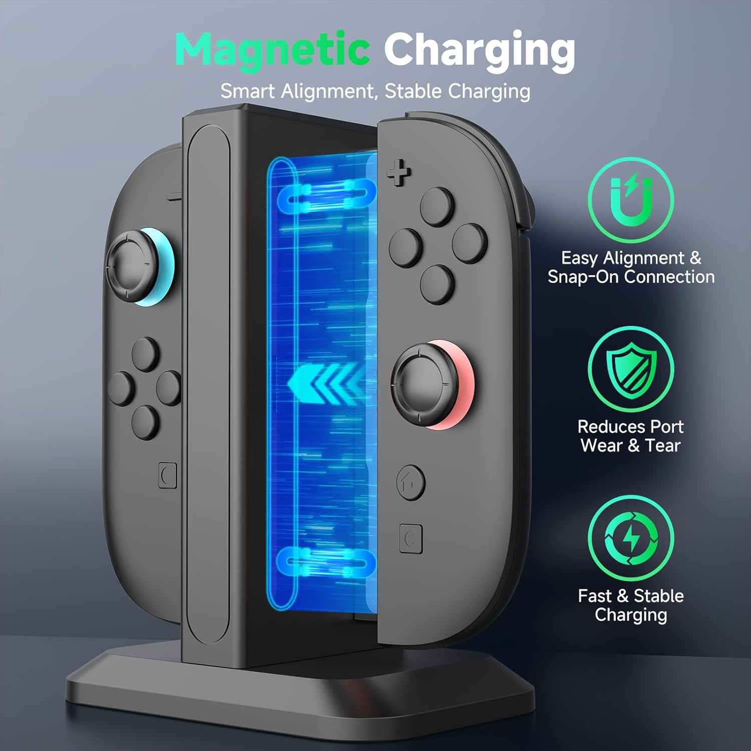 Detalle de YCCTEAM 4-in-1 Fast Charger Dock for Switch 2 Joy-Con (2025) with Magnetic Alignment and LED Indicators
