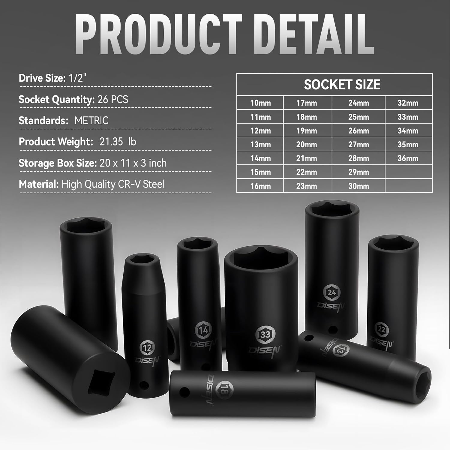 Thumbnail 1 de DISEN 26-Piece Metric 1/2-Inch Deep Impact Socket Set (Cr-V) with Storage Cage