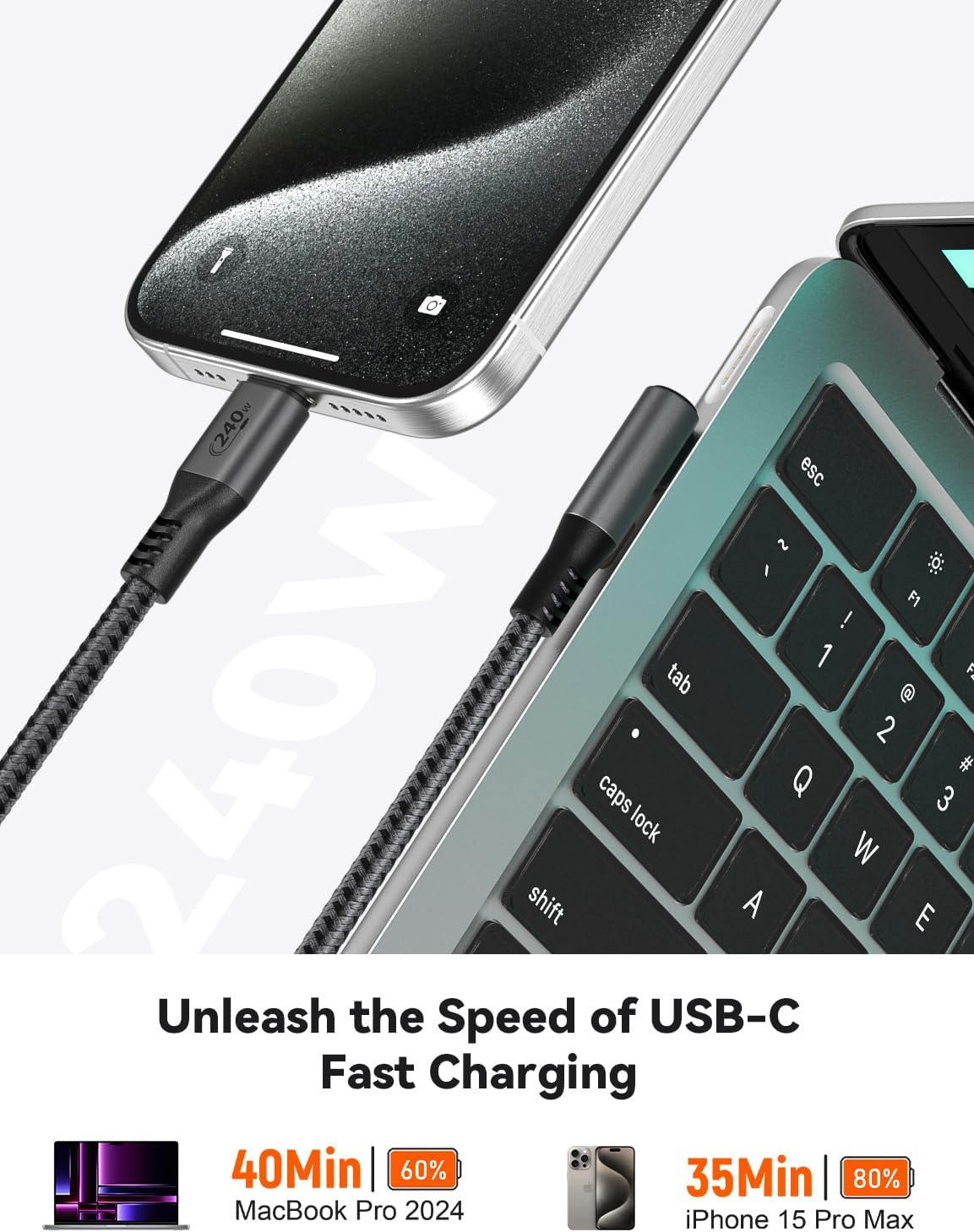 Thumbnail 5 de XAOSUN 240W USB-C auf USB-C Kabel 3m – 90° Schnellladekabel aus Nylon, PD 3.1