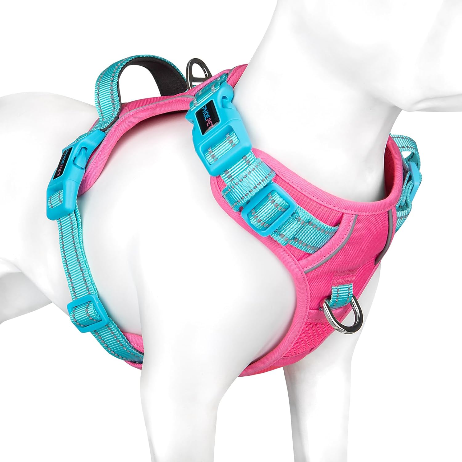 Detalle de PHOEPET No Pull Dog Harness with Escape Proof Vest – Pink Base, Green Straps, XL