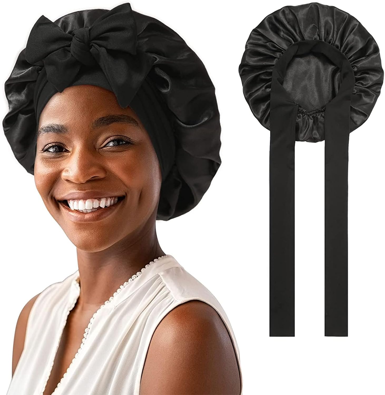 Detalle de GUGUGO Seidenhaube zum Schlafen (Schwarz) – verstellbare Satin-/Seiden-Schlafmütze für Damen
