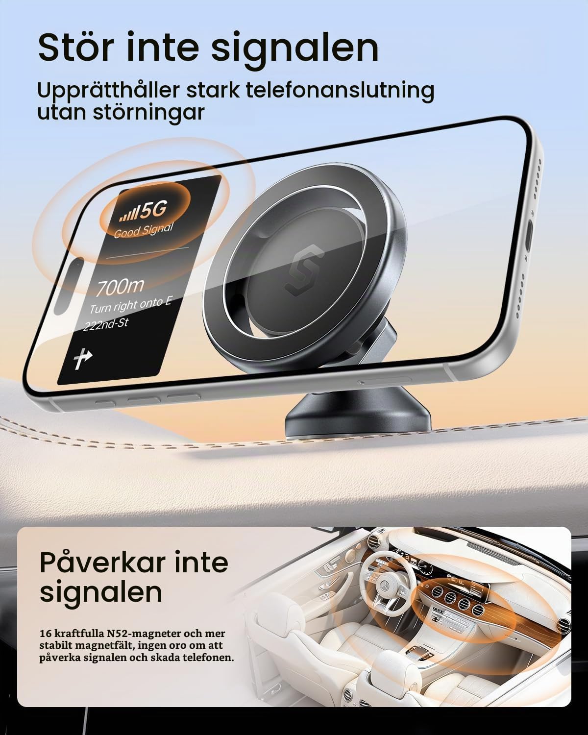 Detalle de SYNCWIRE MagSafe-bilhållare i aluminium med 360° rotation och 3M-fäste