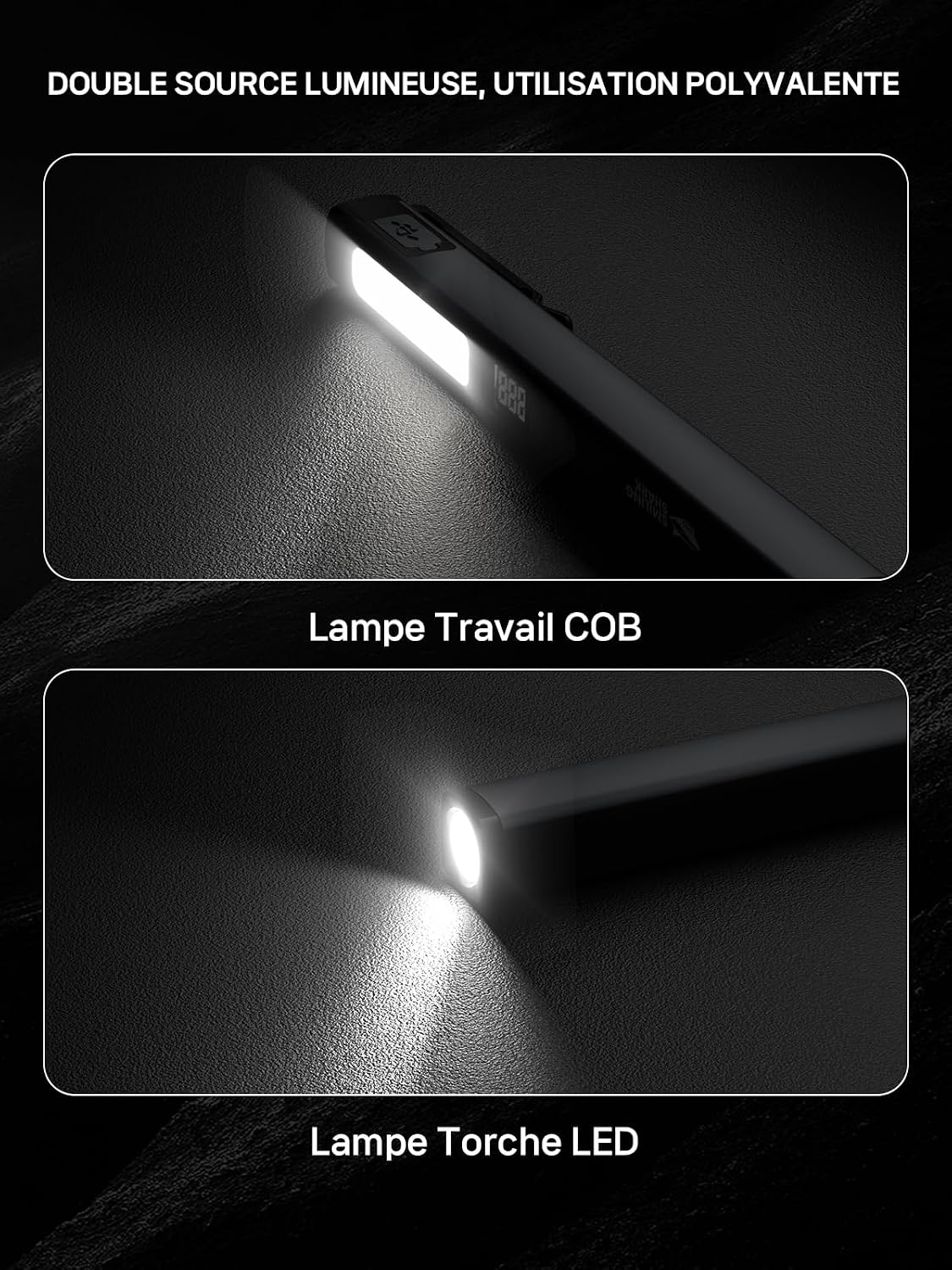 Thumbnail 2 de Smiling Shark GZ-5112 : lampe de travail LED compacte rechargeable, 6 modes (spot, projecteur, stroboscope) avec clip et aimants