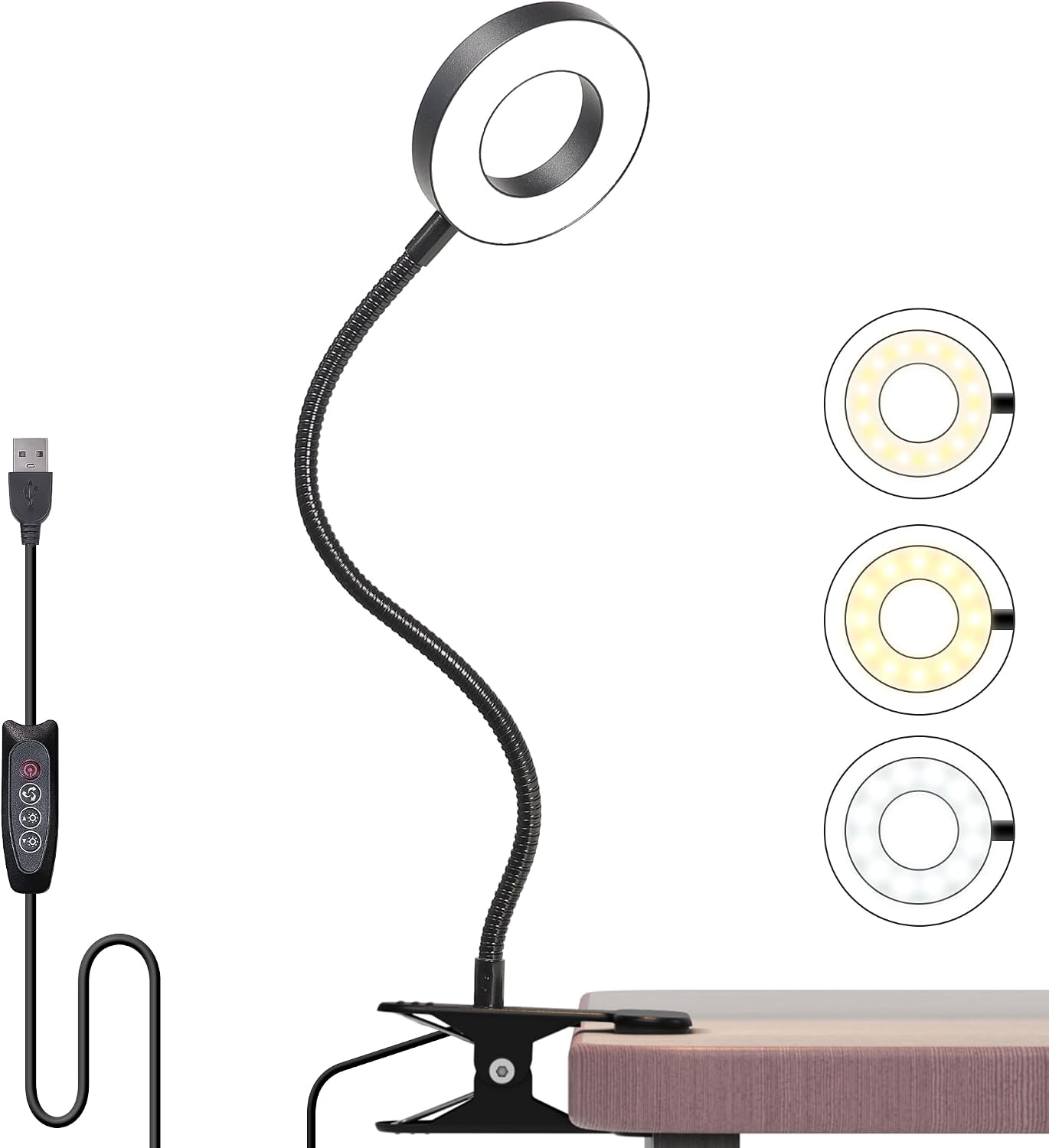 Detalle de Foneso 1 LED Clip-On Desk Lamp, 3 Colour Modes, 360° Gooseneck