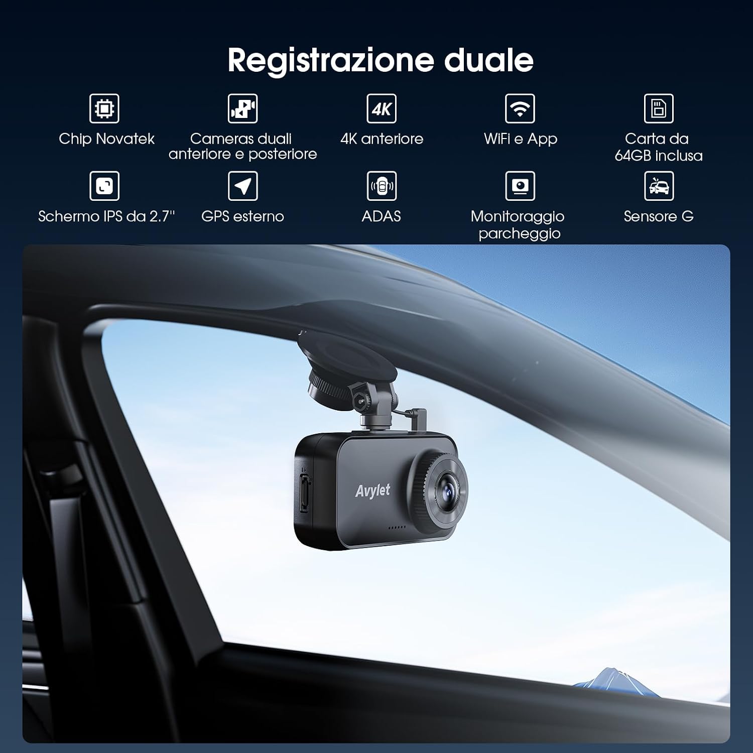 Thumbnail 1 de Avylet Dash Cam Auto 4K/2.5K+1080P con WiFi 5GHz, 64 GB e ADAS (IPS 2.8”, 170°)