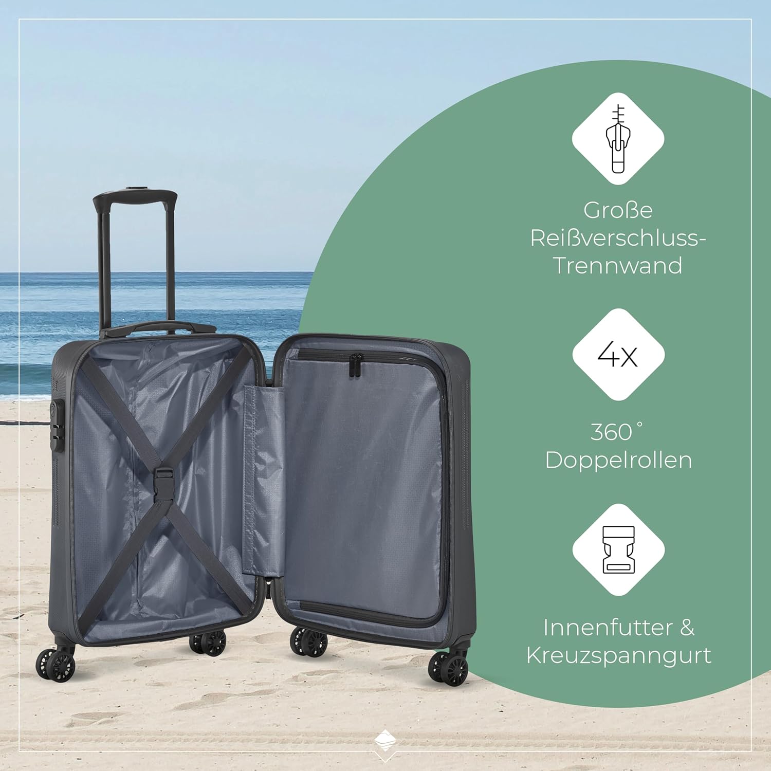 Detalle de travelite BALI Handgepäck Trolley klein (55 x 39 x 20 cm) mit Hartschale, 4 Doppelrollen & Zahlenschloss