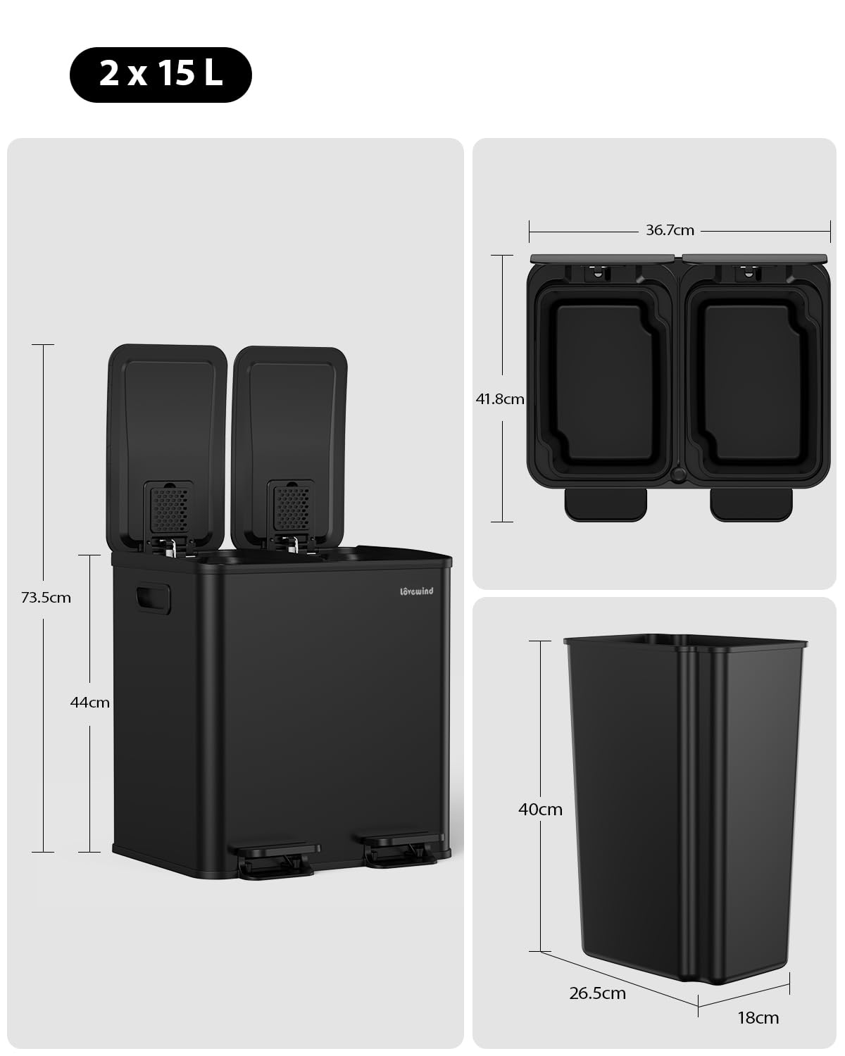 Detalle 2 de lovewind Mülleimer Set mit 2×15 l – Doppeltret-Mülleimer aus Edelstahl mit Deckel (Soft-Close)