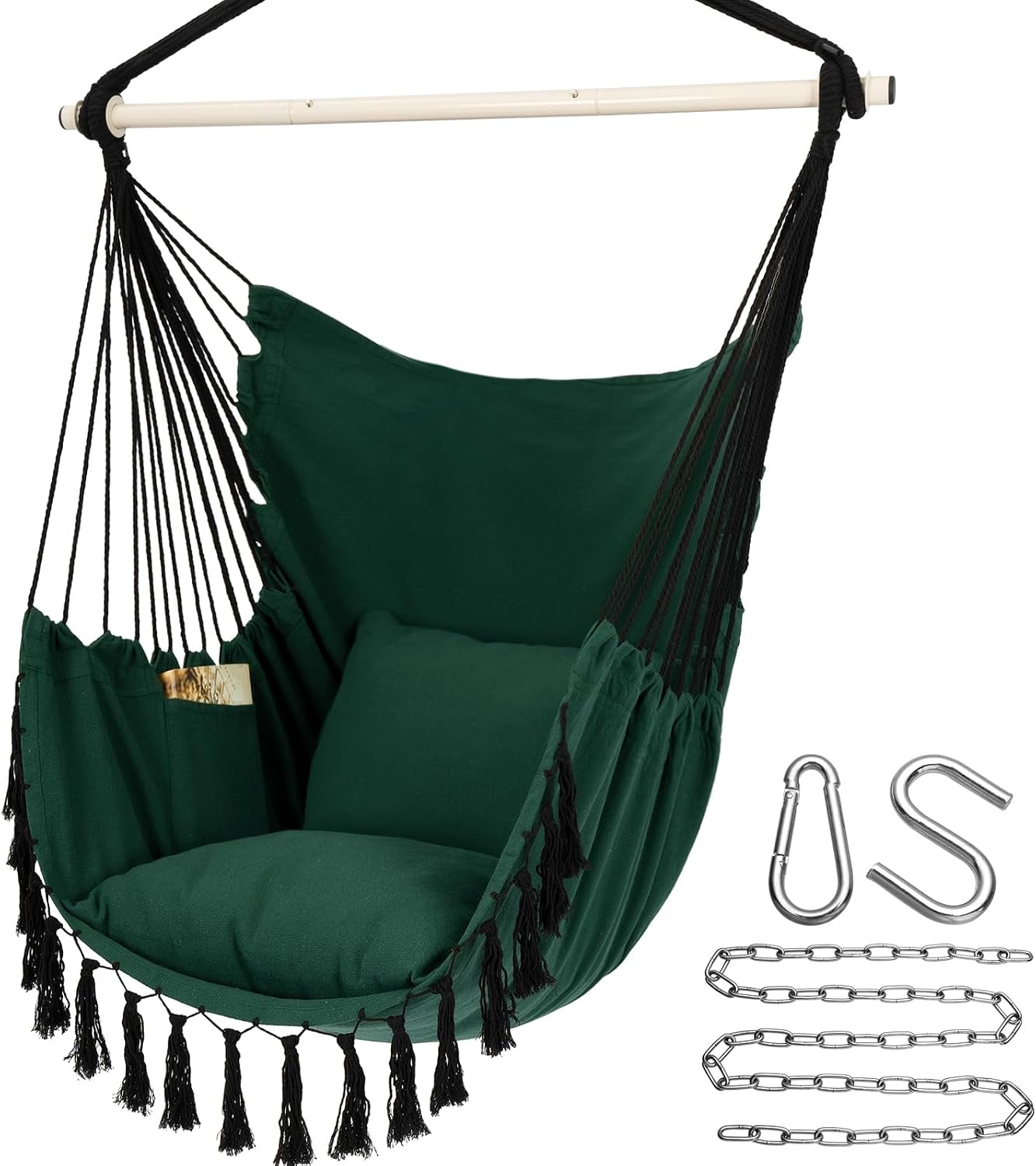 Detalle de Y- STOP YS-MAC-green Macrame Hanging Chair, 500 lb Limit, Cushions and Pocket