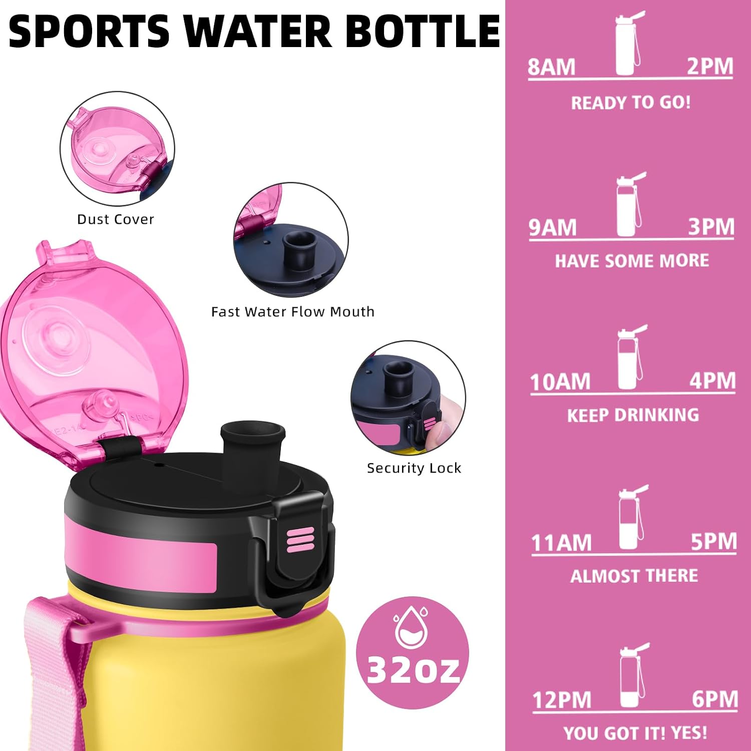 Detalle 2 de Mujigaga Gourde Sport 1L – Anti-Fuite, Large Ouverture, Graduée et Facile à Transporter