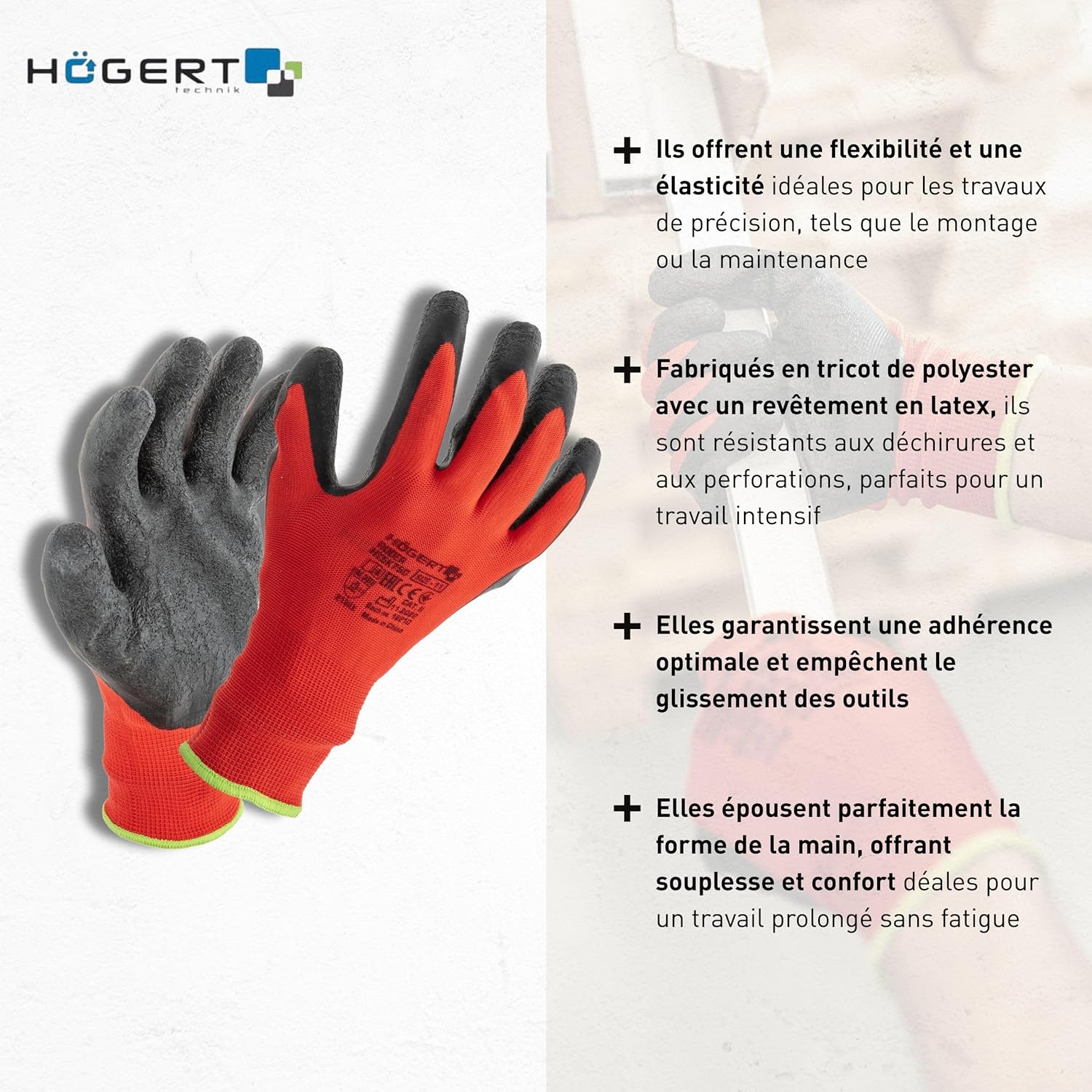 Detalle de Gants de protection RODER de Högert Technik – latex, taille 9, rouge/noir