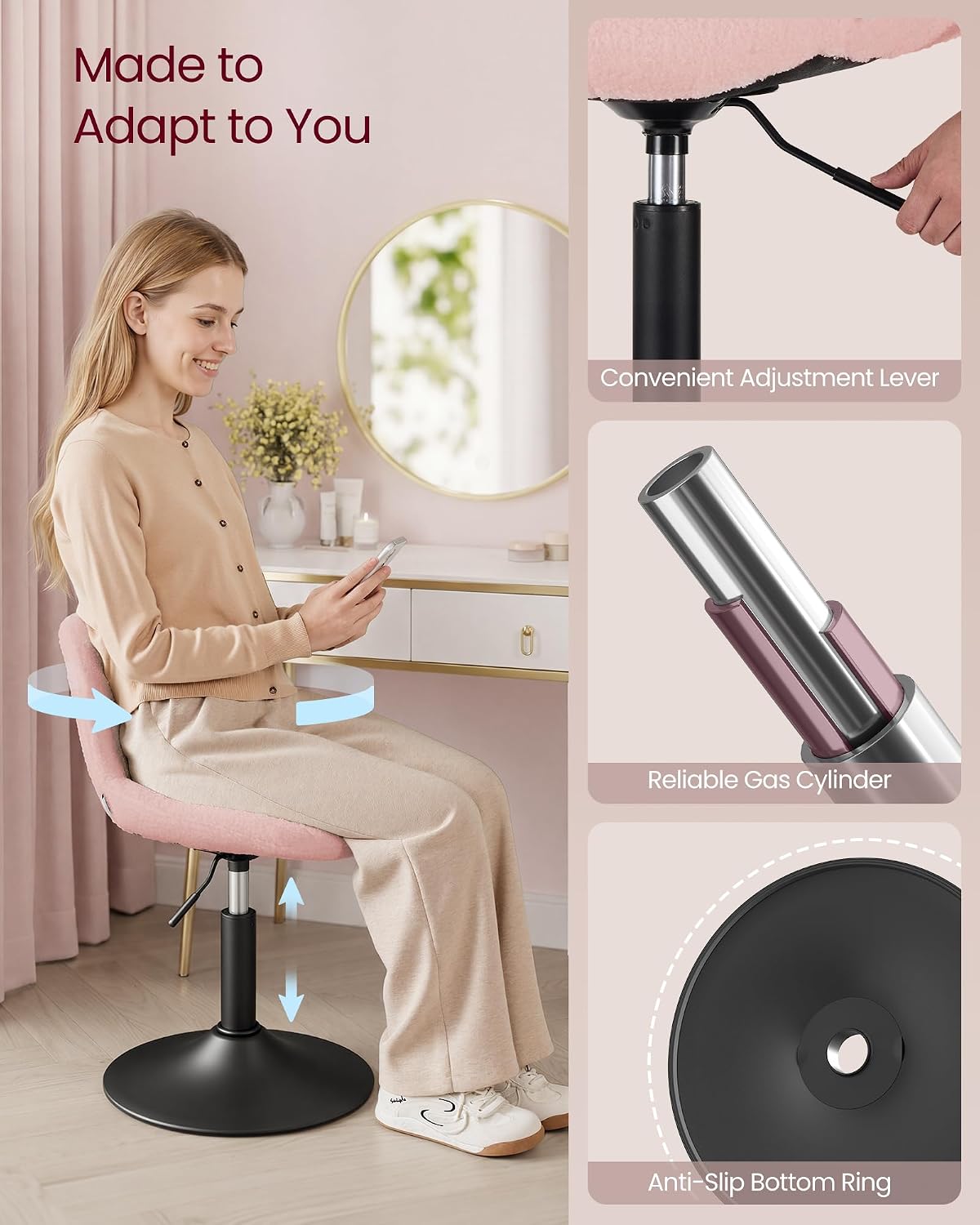 Thumbnail 6 de VASAGLE Dressing Table Chair (LJB160S101) – Height‑Adjustable, 360° Swivel Bar Stool with Back in Teddy Fleece, Pink and Black