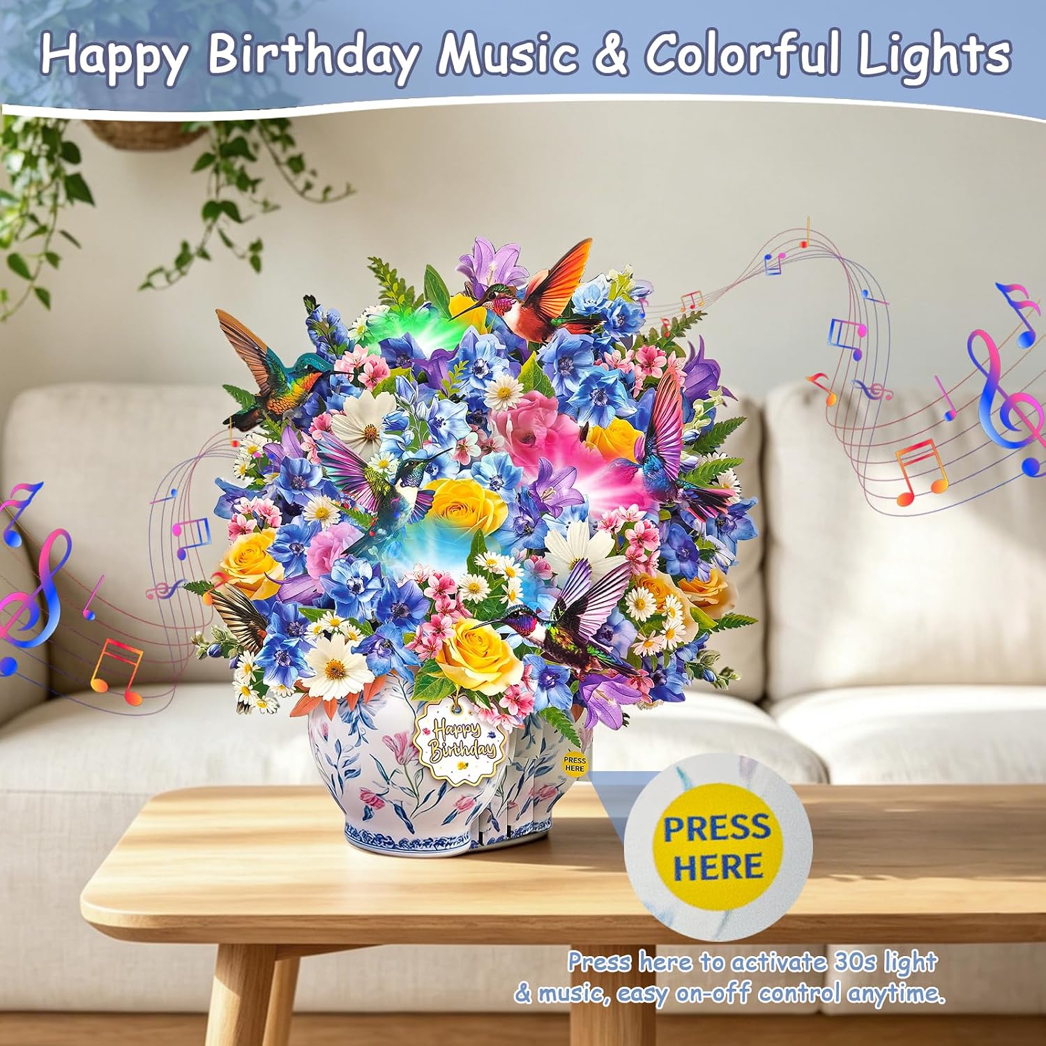 Detalle de Pop Up Birthday Cards for Women: 10.5-Inch Flower Bouquet with Music & Lights