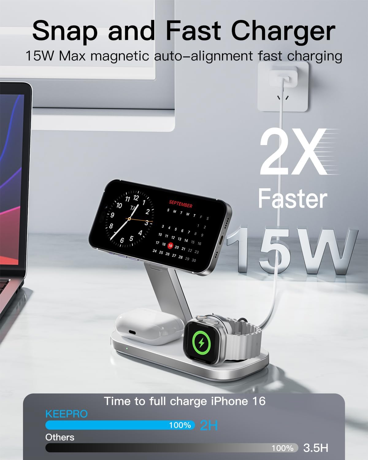 Detalle de Keepro 3-in-1 Folding MagSafe Charging Station for Apple Devices