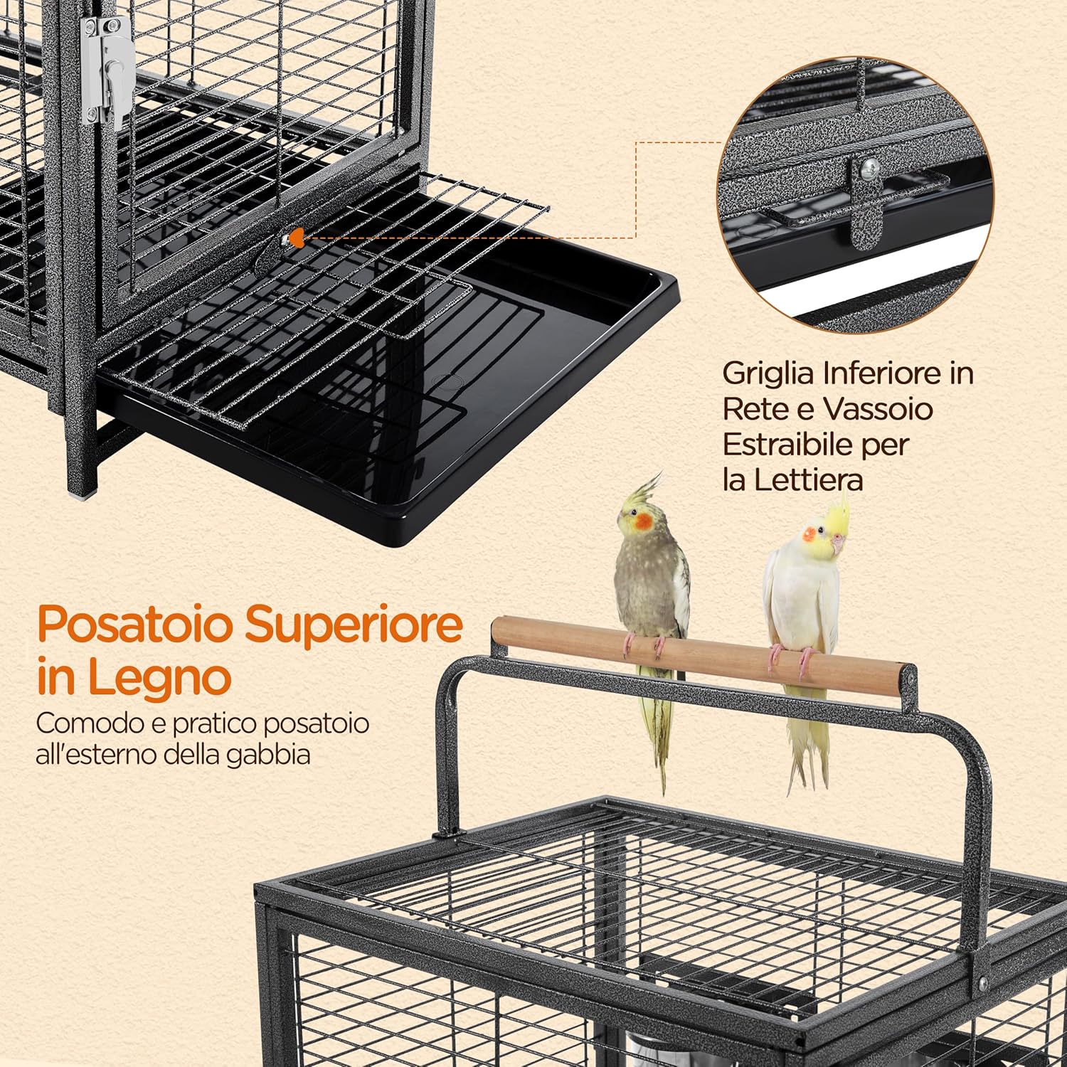 Detalle de Yaheetech gabbia da viaggio per piccoli uccelli e pappagallini, con maniglia in ferro e vassoio estraibile