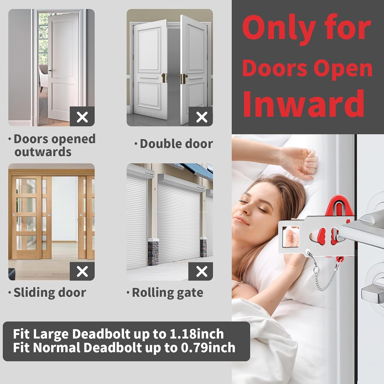 Thumbnail 3 de HNHMT Door lock Portable Door Lock & Door Stop Alarm Set, Stainless Steel, Red
