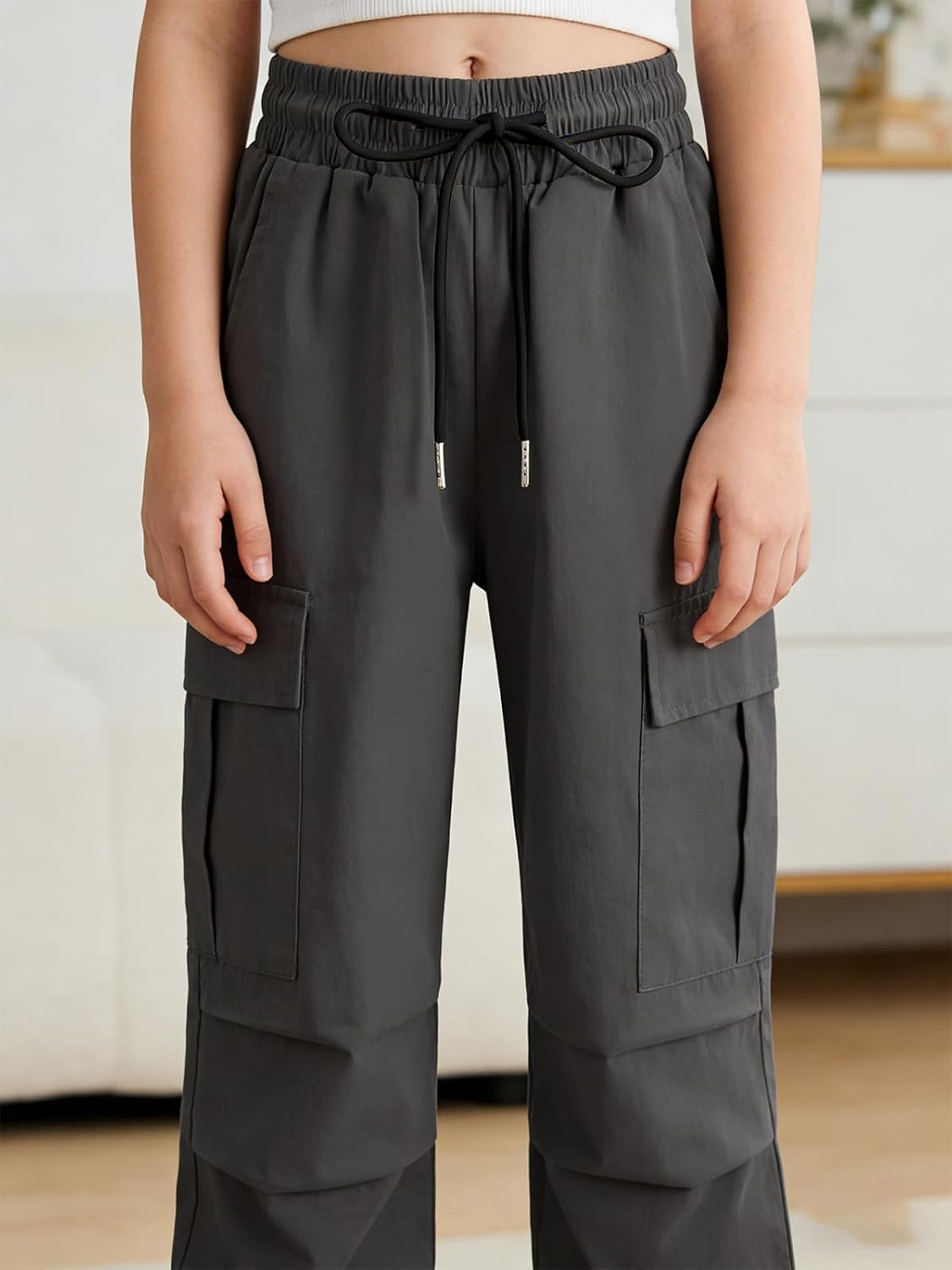 Thumbnail 3 de JiAmy Girls Cargo Trousers: Elastic Waist, Baggy Parachute Style for 5–14 Years