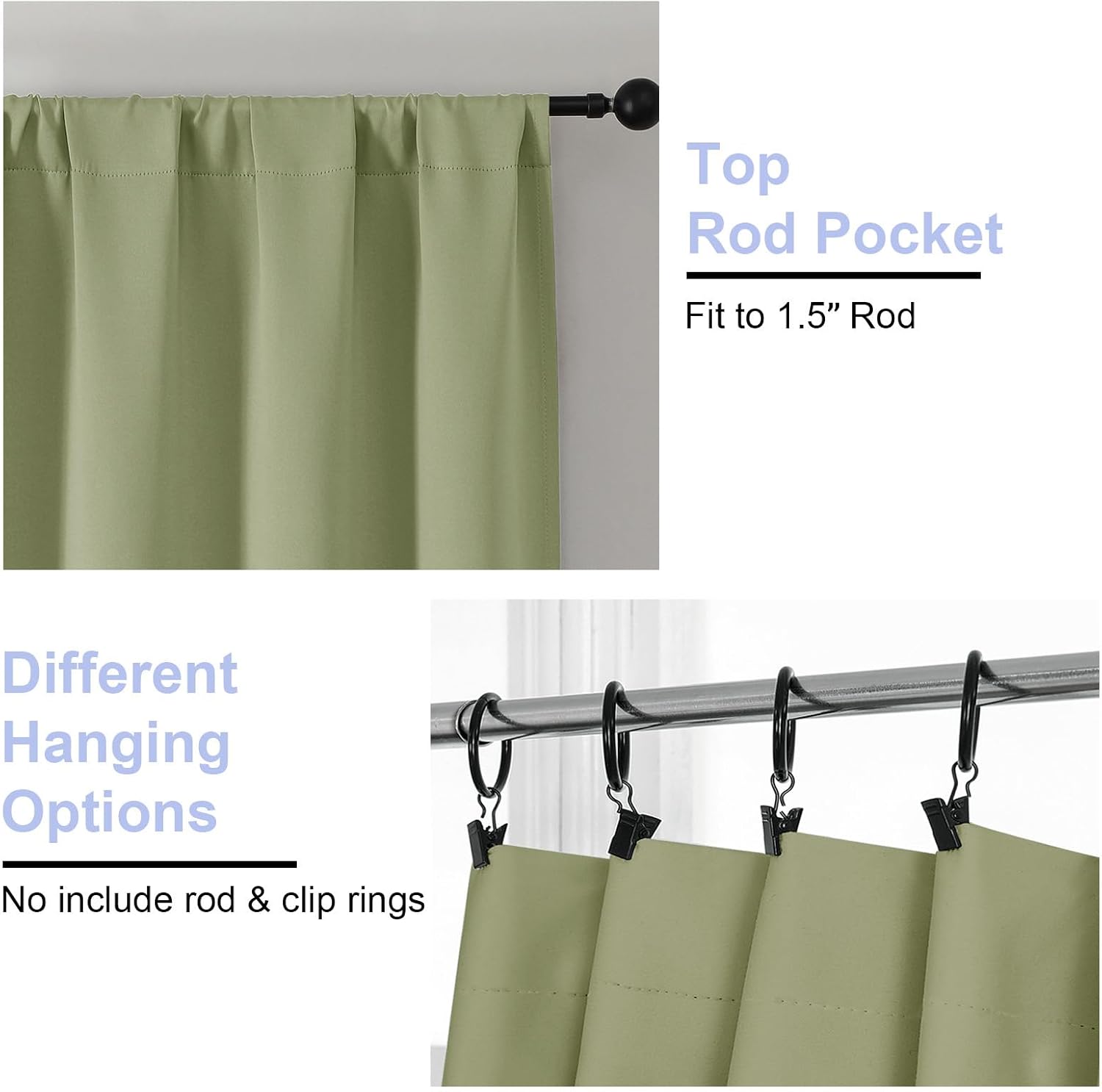 Detalle 2 de Simplebrand Ava Sage Green Blackout Curtains – 2 Panels, 50 x 96 Inches, Sage