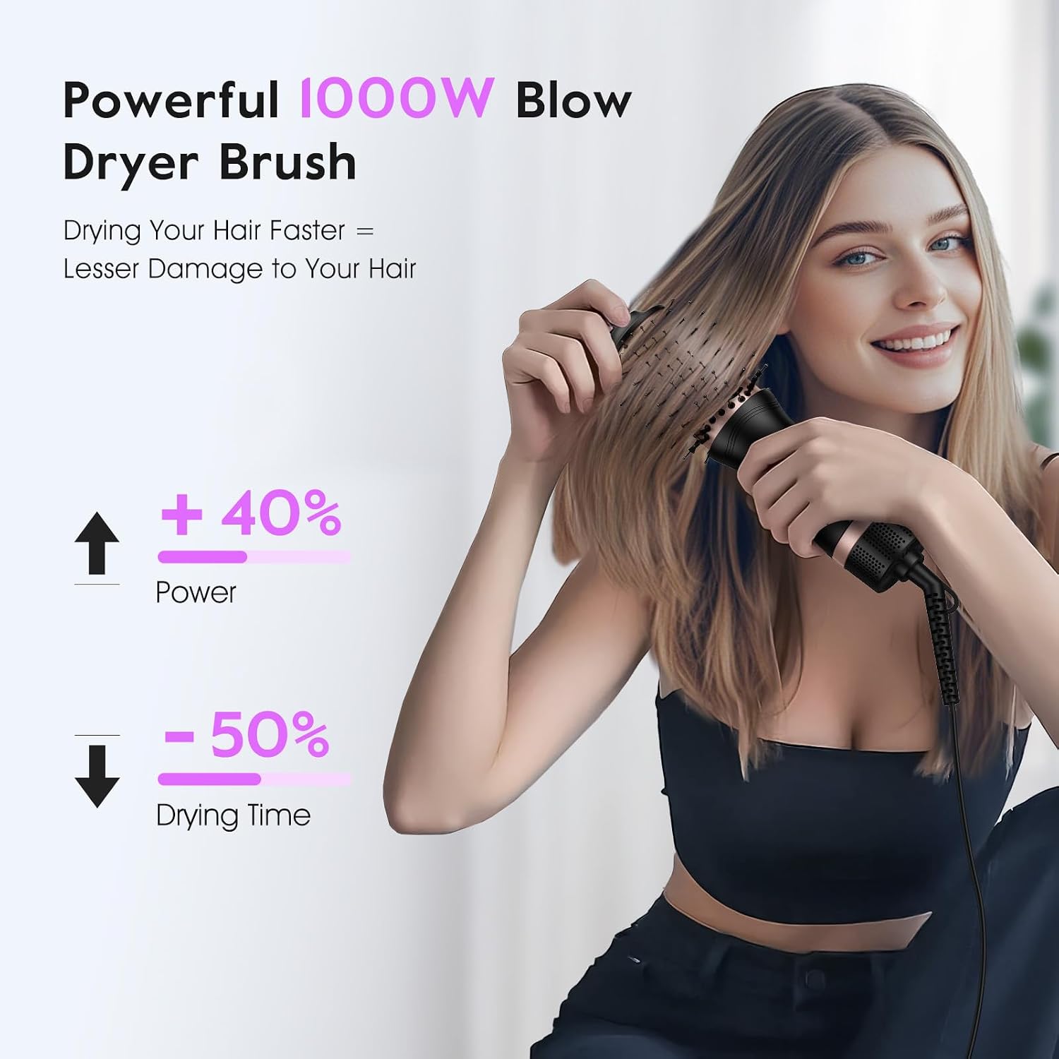 Detalle 2 de slopehill Mini Travel Dual Voltage Hair Dryer Brush (1000W, European Plug) — Ionic Hot Air Styler for International Travel