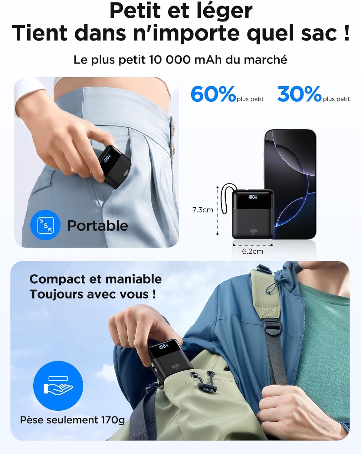 Thumbnail 1 de Batterie Externe Aioneus 10000 mAh avec 2 câbles intégrés – Charge rapide PD 20–22,5 W