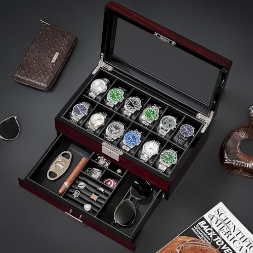 Thumbnail 1 de ANWBROAD 12 Slots Watch Box for Men – 2-Tier Wooden Case with Lockable Glass Lid