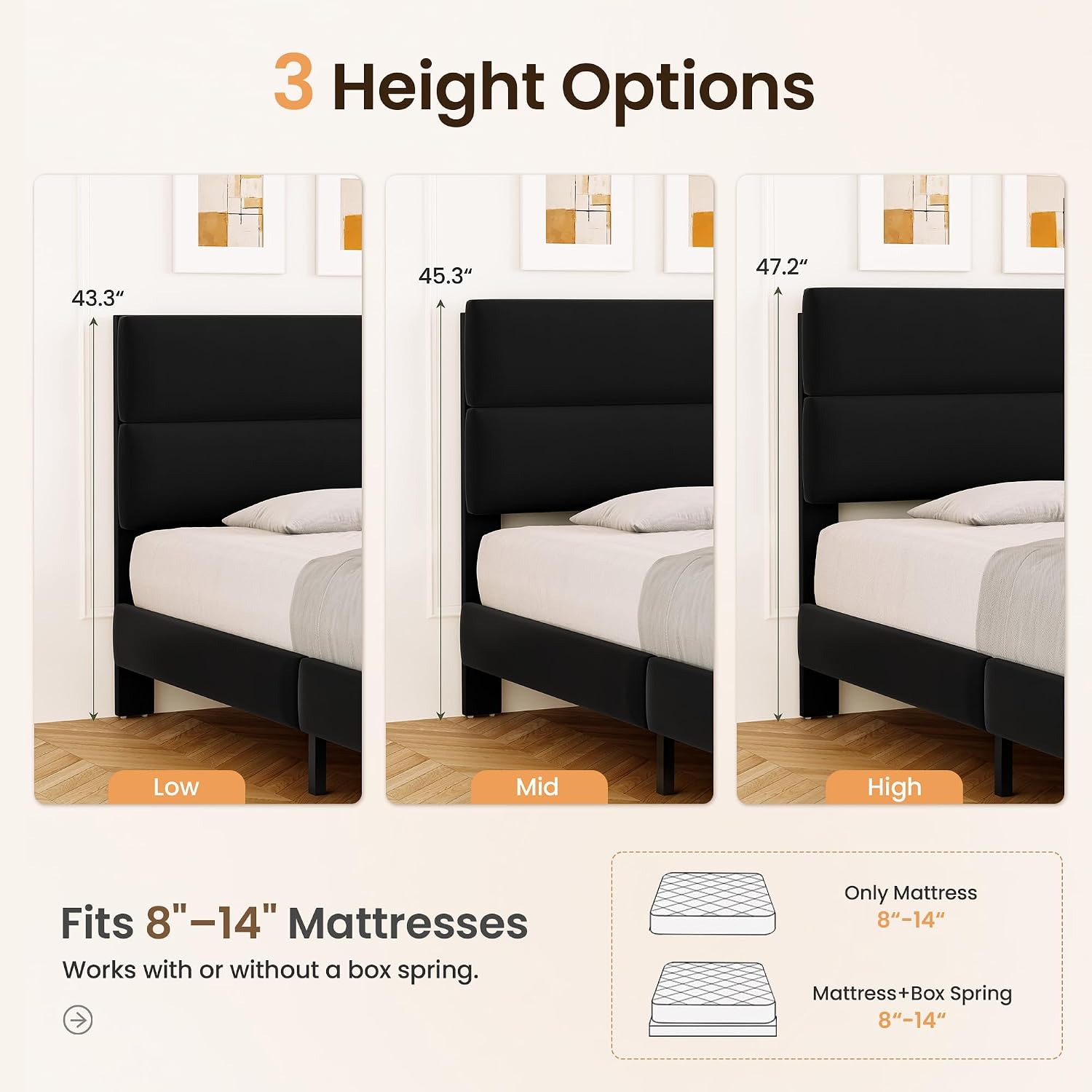 Detalle de GRUSIGN HFCJ-K-BLK King Platform Bed Frame with Velvet Headboard