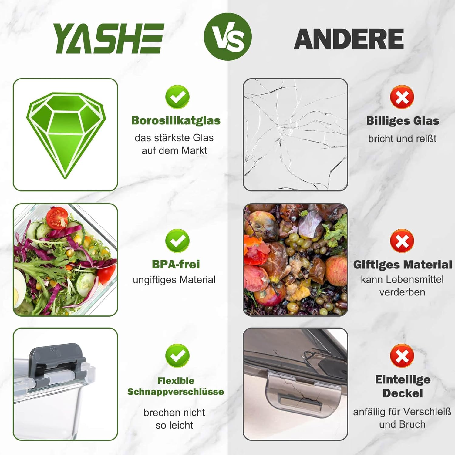 Thumbnail 6 de YASHE Glasbehälter mit Deckel (10-teilig), stapelbar & luftdicht – BPA-freie Meal-Prep-Boxen aus Borosilikatglas