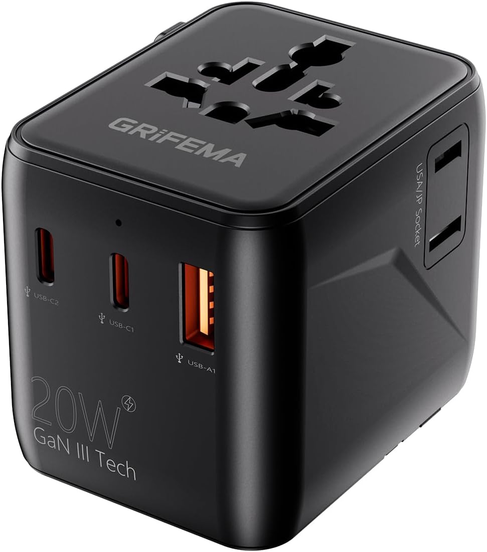 Detalle de GRIFEMA Adattatore universale da viaggio 5 in 1 20W PD: 2 USB‑C, 1 USB‑A e 2 prese AC