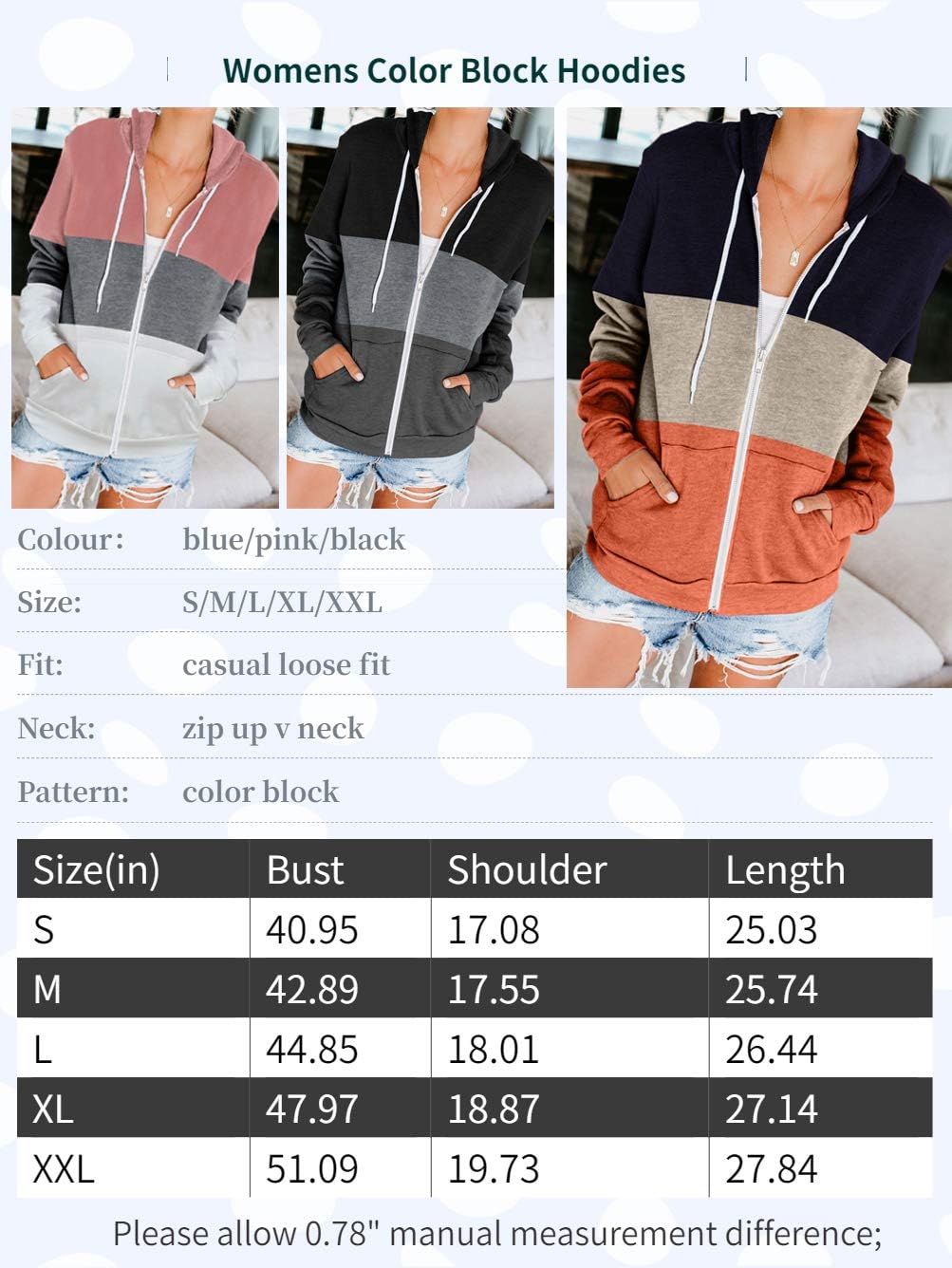 Detalle de iChunhua Women's Zip-Up Hooded Hoodie with Pockets