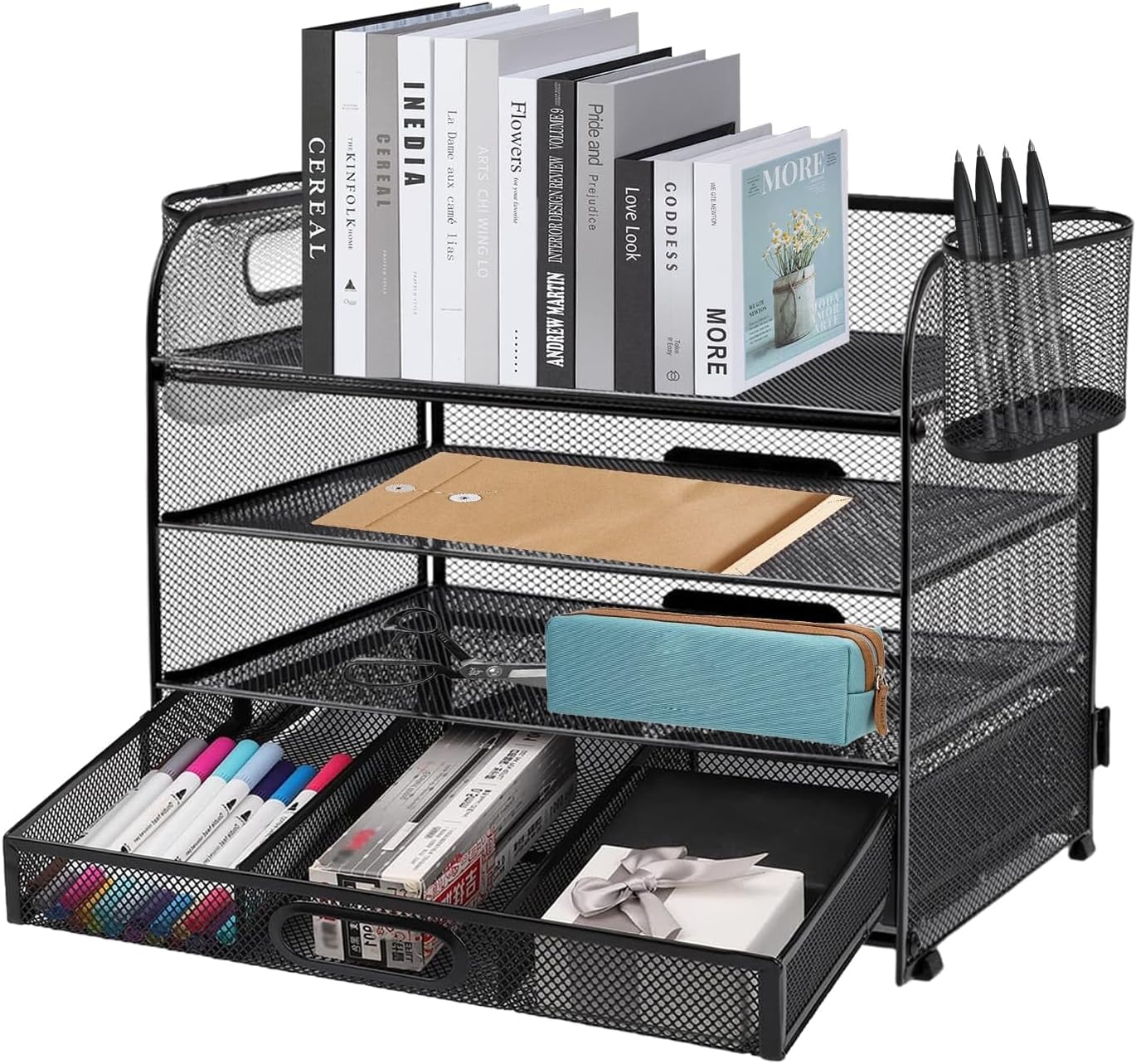 Detalle de Mesh Letter Tray Organiser 4-Layer with 2 Pen Holders and 1 Drawer