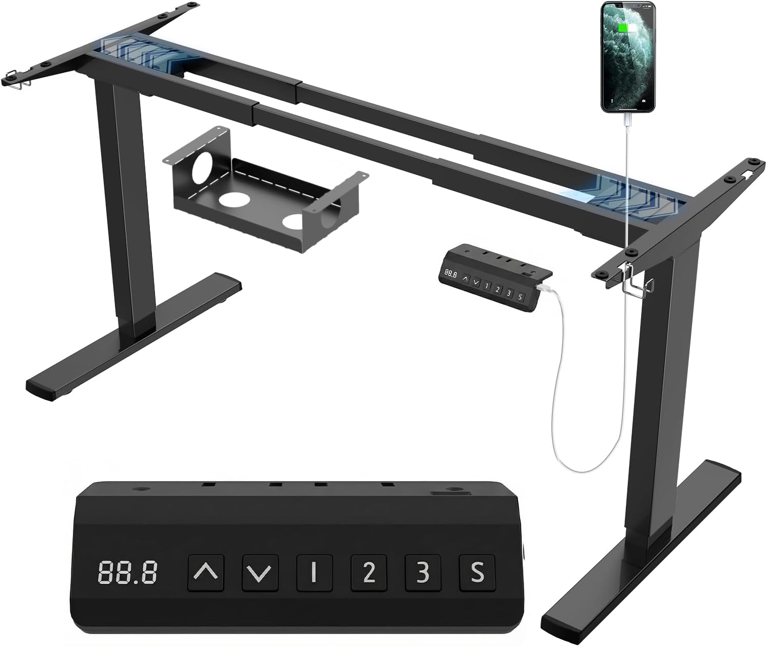 Detalle de JUMMICO Dual-Motor Tischgestell höhenverstellbar mit USB & Kabelwanne (Schwarz) – elektrisch, auf Rollen