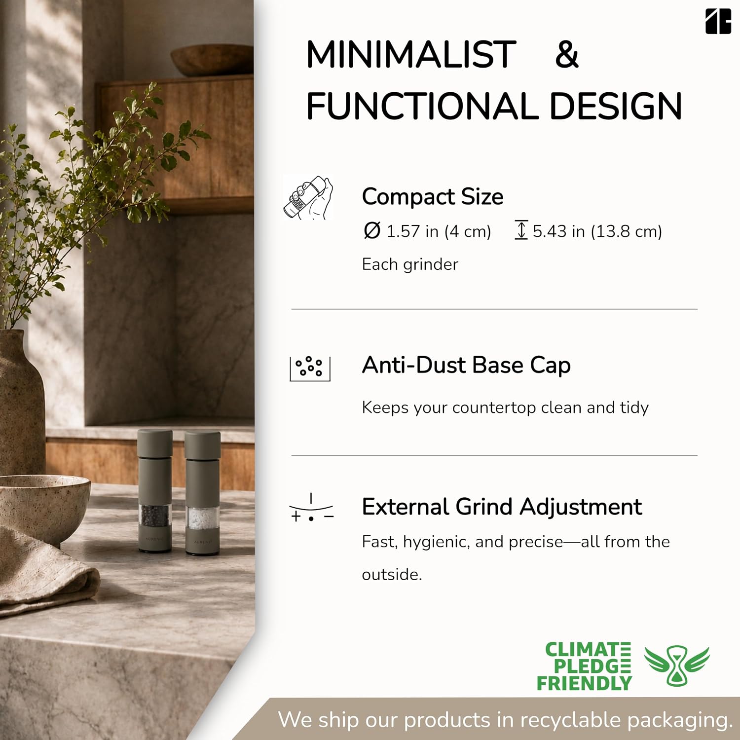 Detalle 2 de Aurevit PM605 Salt and Pepper Grinder Set, Manual and Adjustable, Black & White