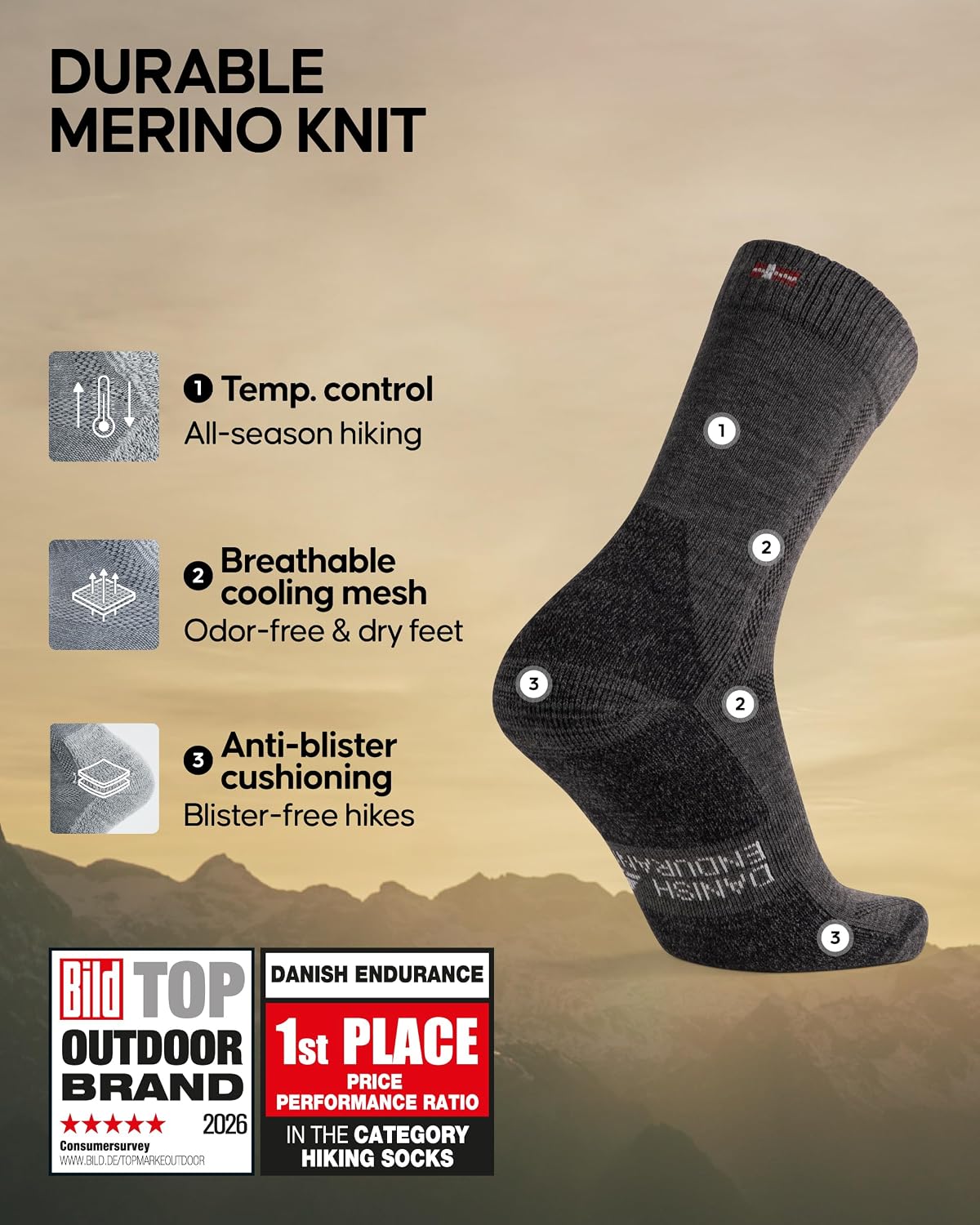 Detalle 2 de DANISH ENDURANCE Hiking Socks with 3 or 5-Pack