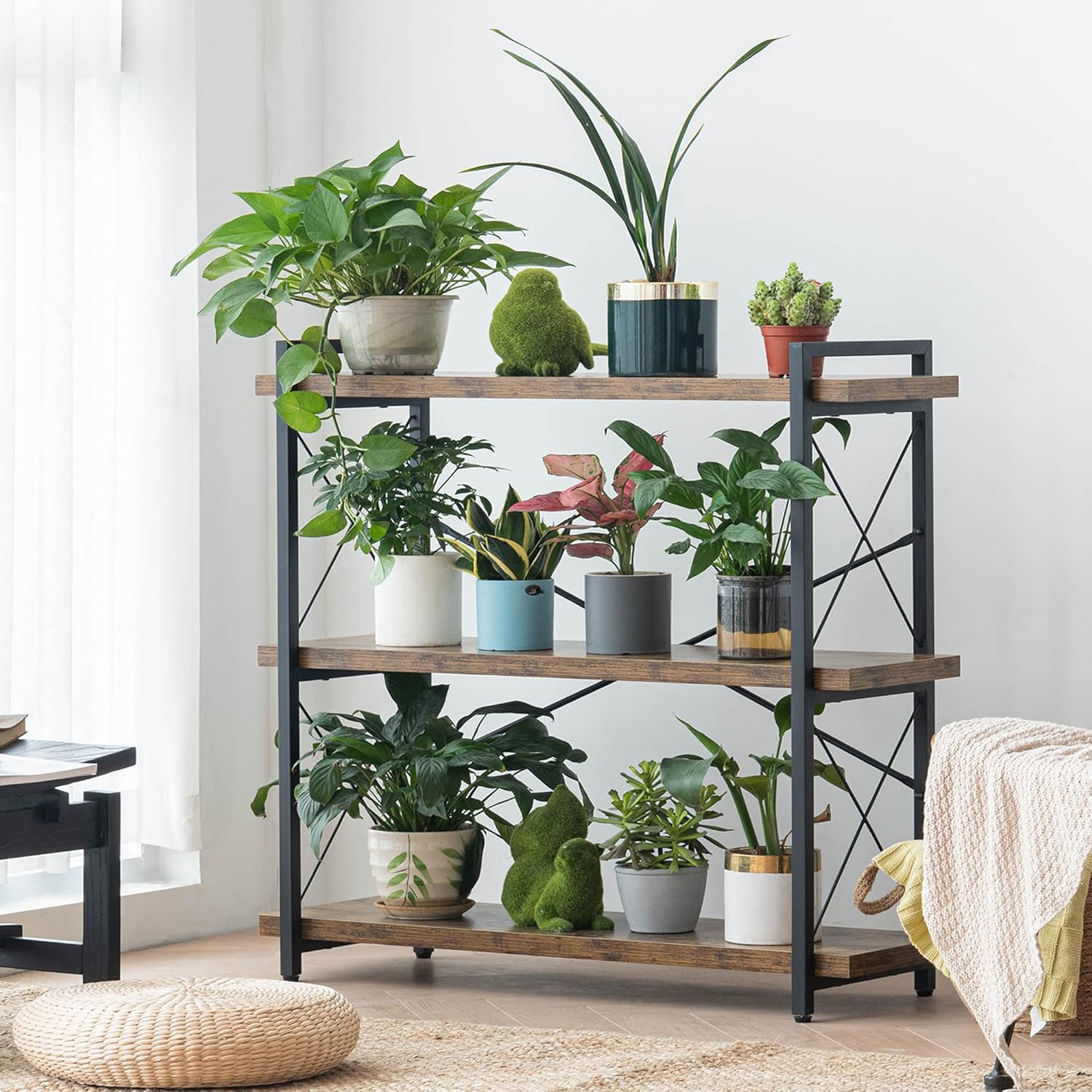Thumbnail 5 de HCHQHS 3-Tier Industrial Bookshelf (Rustic Wood & Black Metal, Open Book Shelf)