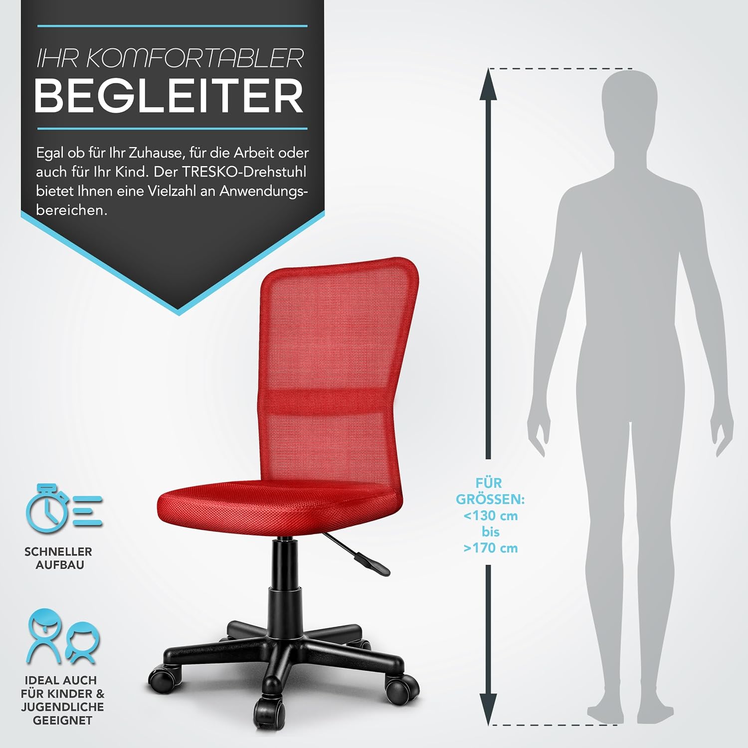 Thumbnail 4 de TRESKO Bürostuhl Schreibtischstuhl Drehstuhl – leicht, ergonomisch und höhenverstellbar