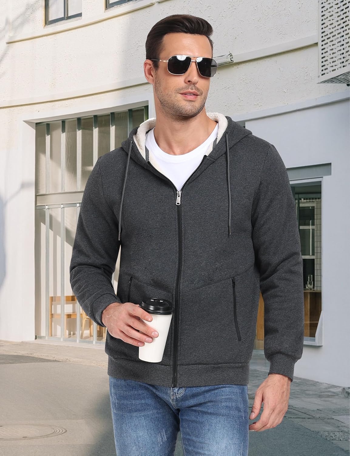Thumbnail 3 de Veste sweat à capuche en polaire MoFiz pour homme, doublure sherpa et fermeture éclair, M–3XL